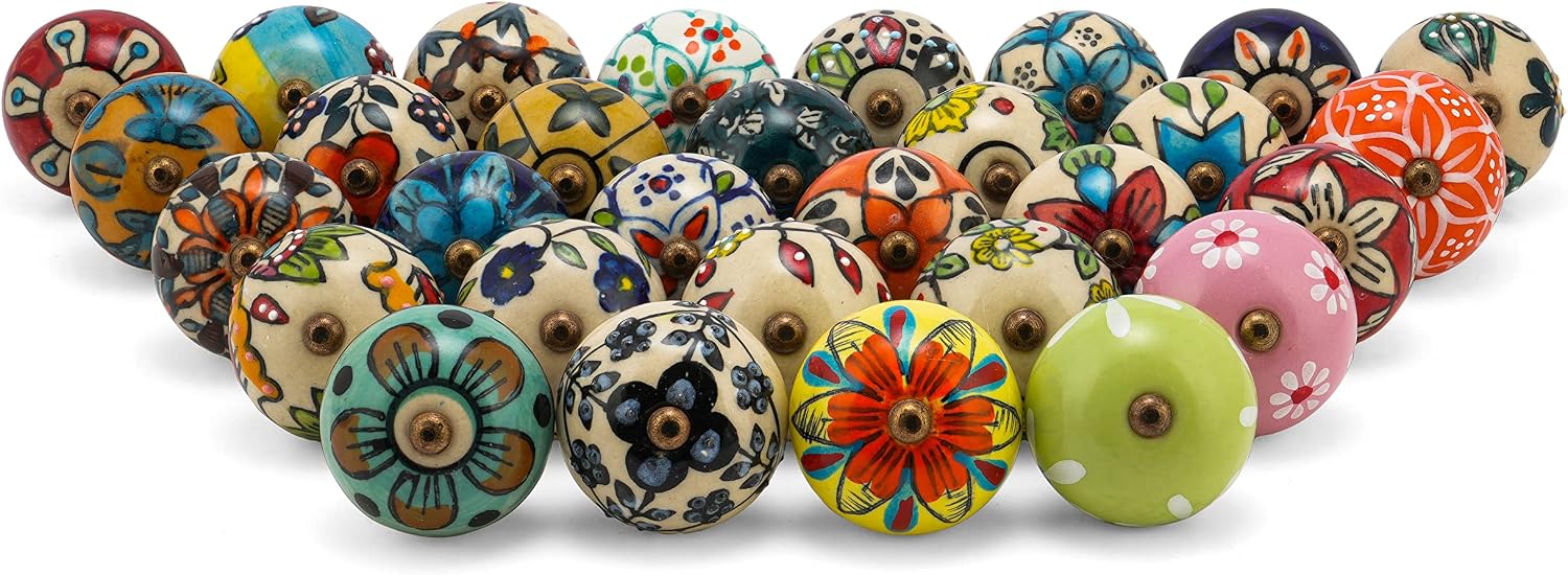 Rasiya Art Kitchen Cabinet Knobs - Assorted Multicolor Ceramic Drawer Pull Handle Kitchen Furniture Hardware Boho Farmhouse Decor - Pack of 30