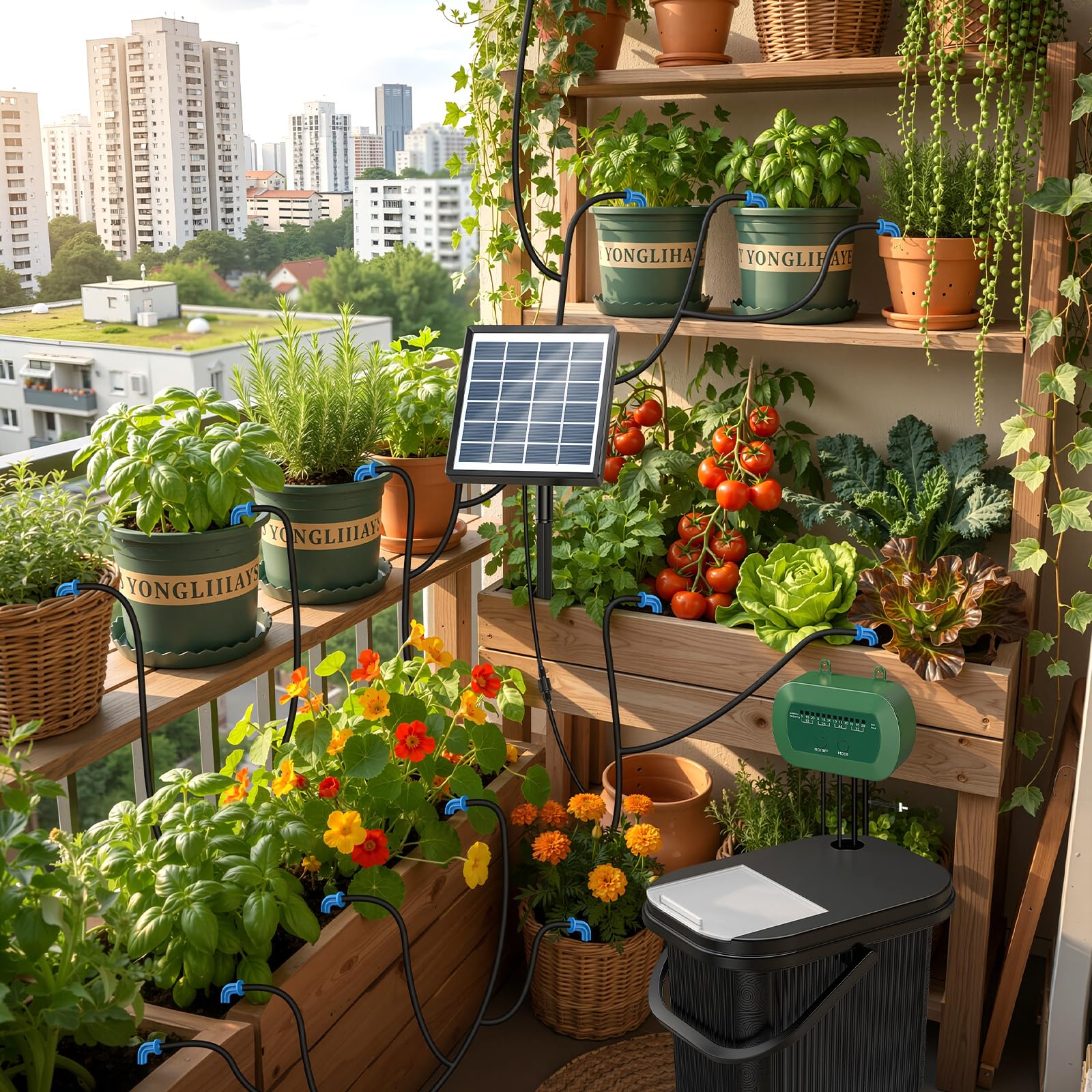 Sistema Riego Solar para Jardín Kit Riego Goteo 15 Micro Cabezales | Compatible con Cubo Riego por Goteo Automático para Vacaciones Terrazas de Balcones Invernaderos y Plantas Kit Riego Solar