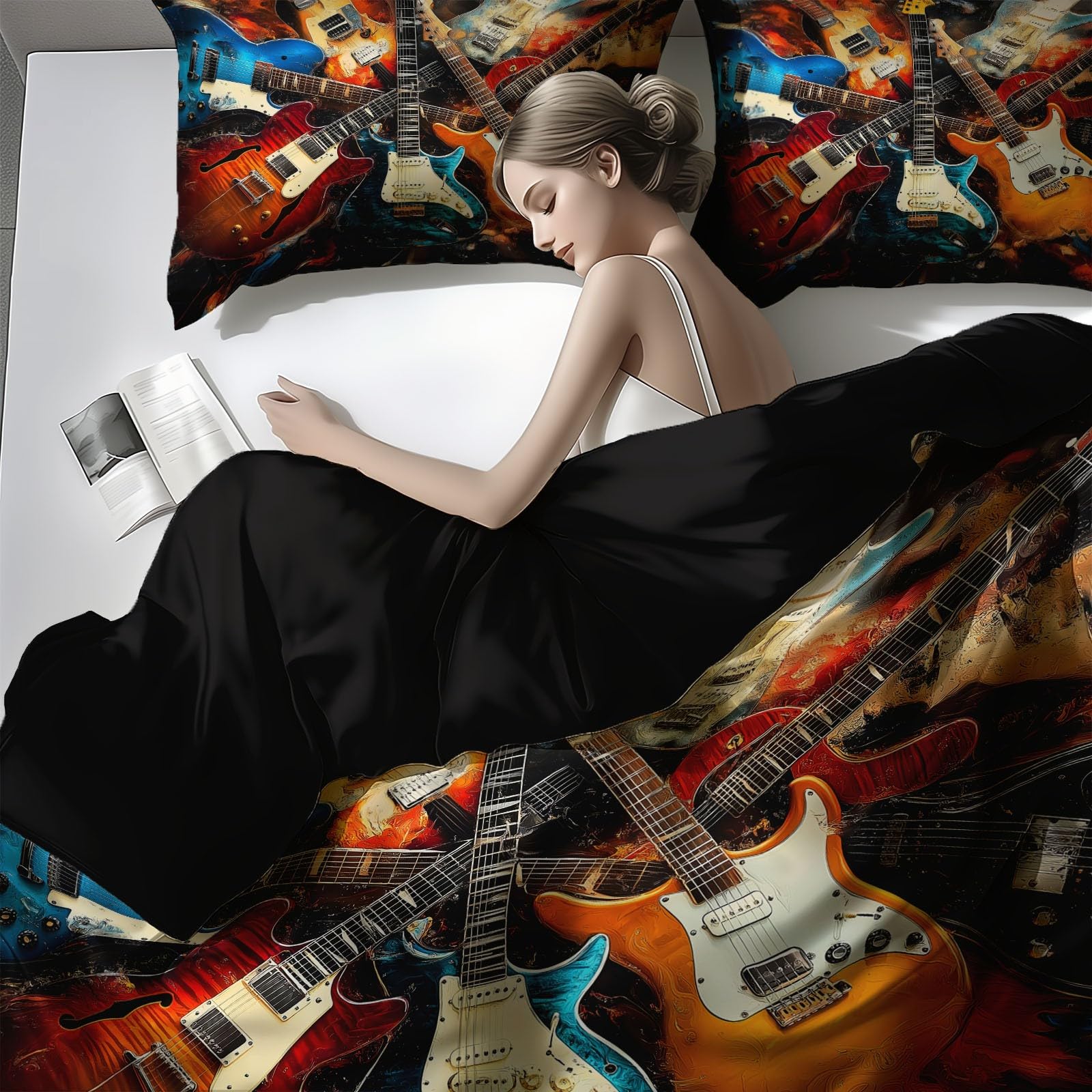 Poszwa na kołdrę 240x260 cm z mikrofibry, zestaw pościeli muzycznej z gitarą elektryczną z 2 poszewkami na poduszki w kolorze czarnym z nadrukiem dwustronnej poszwy na kołdrę na 4 pory roku
