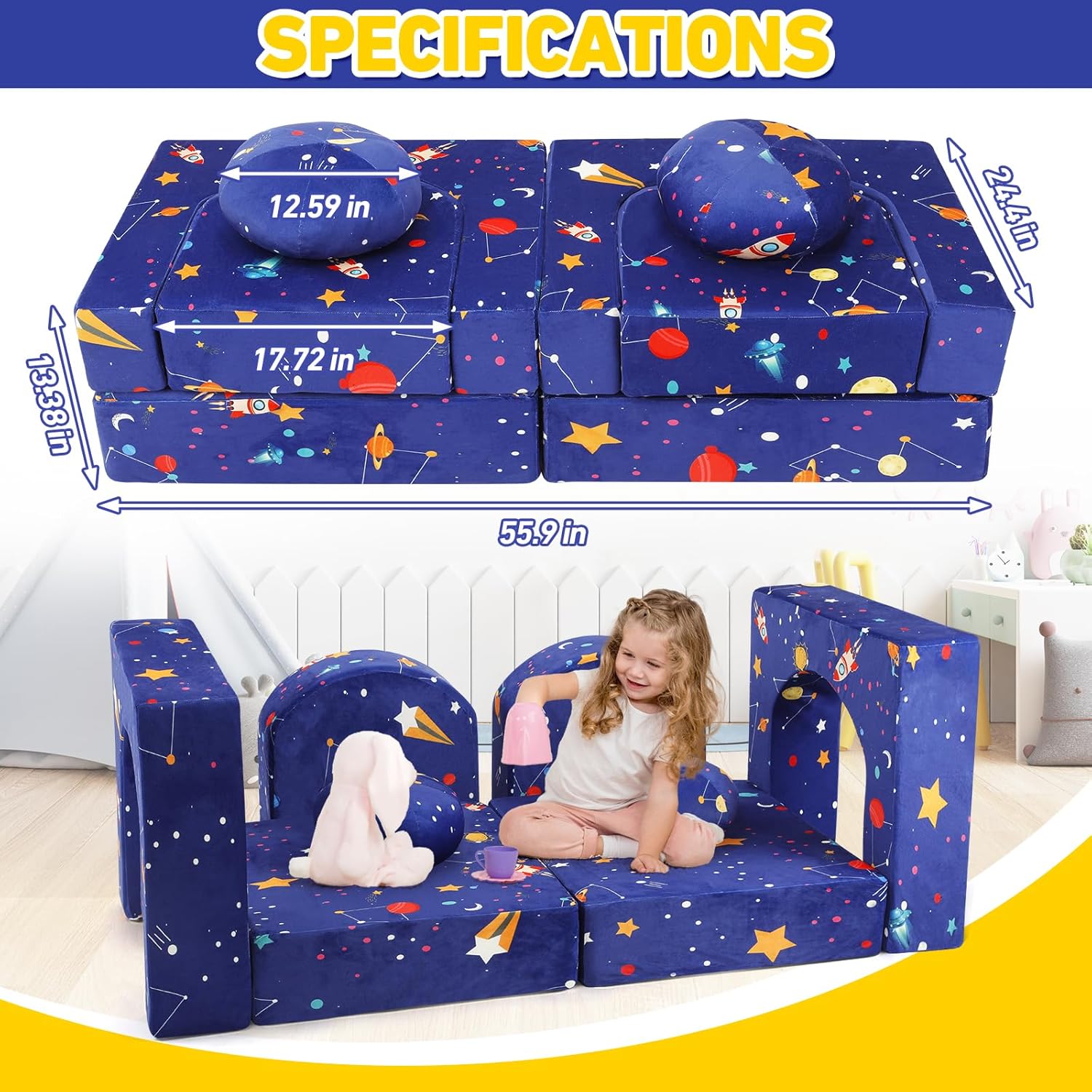 Kids Play Couch, 8 Pcs Modular Kids Sofa, Blue, Foam-Filled Cushions, Modern, Convertible, Sectional, 55.9" L x 24.4" W x 13.38" H