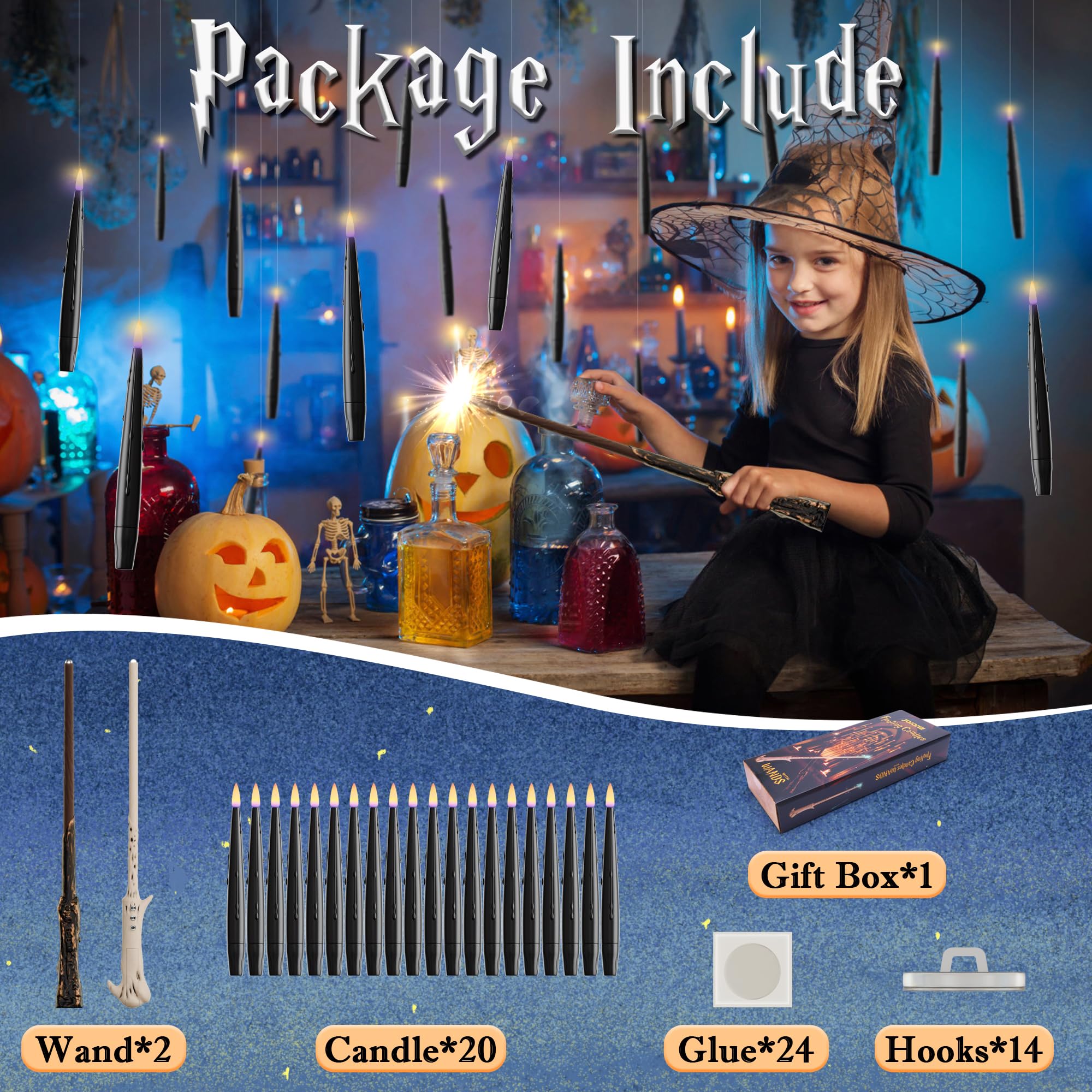 JOIONE Velas flotantes con varita, paquete de 20 velas sin llama de Halloween, velas colgantes mágicas con 2 mandos a distancia, velas cónicas que funcionan con pilas para Halloween, fiesta de
