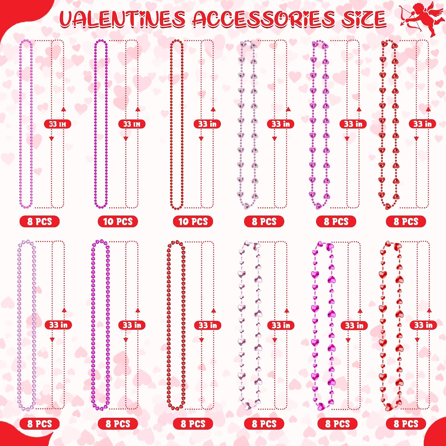 EOBOH 100PCS Valentines Necklace Bulk, Heart Valentine's Necklace Decorations, 12 Kinds Red Pink Heart Pendant Bead Necklace Bulk, Romantic Valentine's Gifts Wedding Accessories for Party Supplies