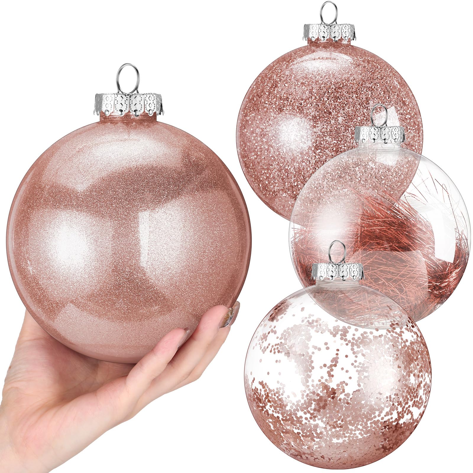Shappy Lot de 4 grandes boules de Noël en plastique transparent de 15,2 cm avec rembourrage délicat pour décoration de sapin de Noël (or rose)