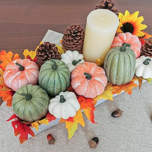 Miniatura 5 de 9 calabazas artificiales pequeñas surtidas de calabazas decorativas de cosecha rústica, calabazas de espuma en naranja brillante, verde y blanco
