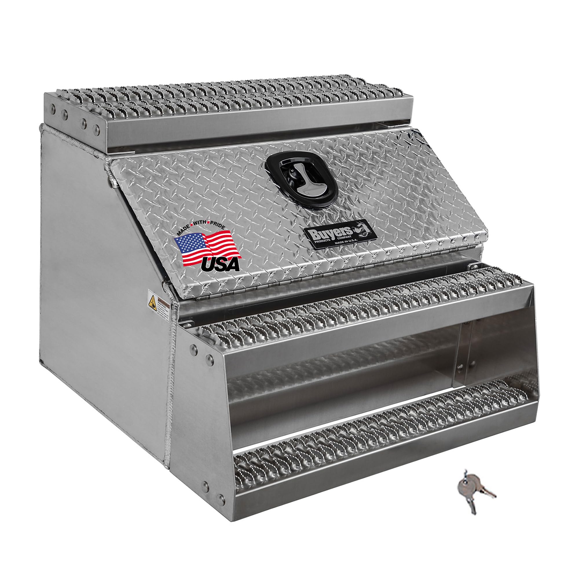 Buyers Products 1705183 Silver Diamond Tread Aluminum Heavy Duty Saddle Step Box
