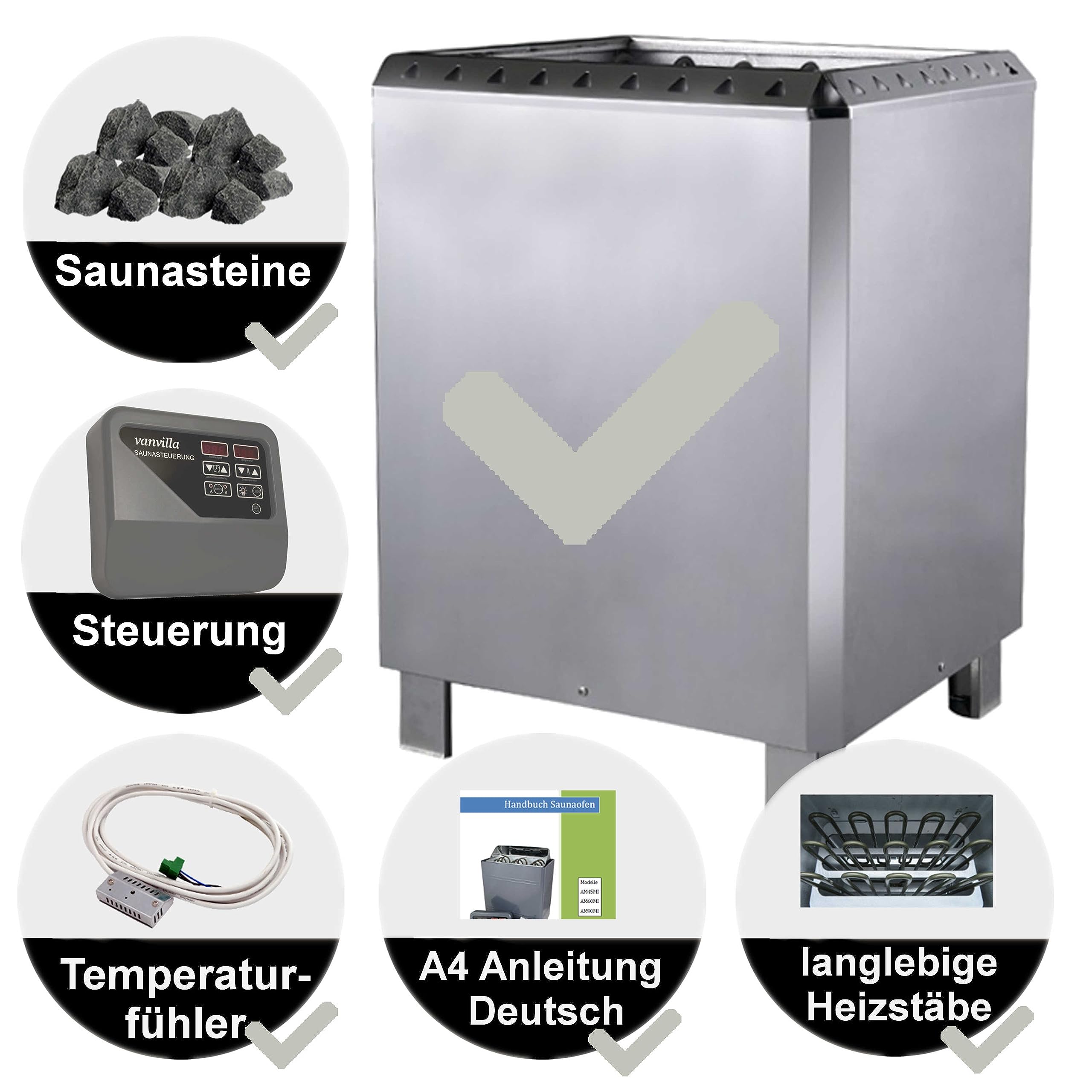Vanvilla Saunaofen 15kW 380V mit externer Steuerung Edelstahl Finnische Sauna