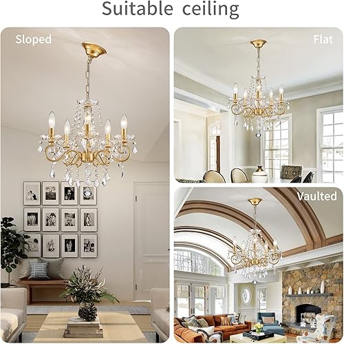 Miniatura 5 de ANJIADENGSHI Mini candelabro de cristal K9 dorado para sala de estar, dormitorio, comedor, isla de cocina, 5 bombillas E12 de alto 16.5 pulgadas de