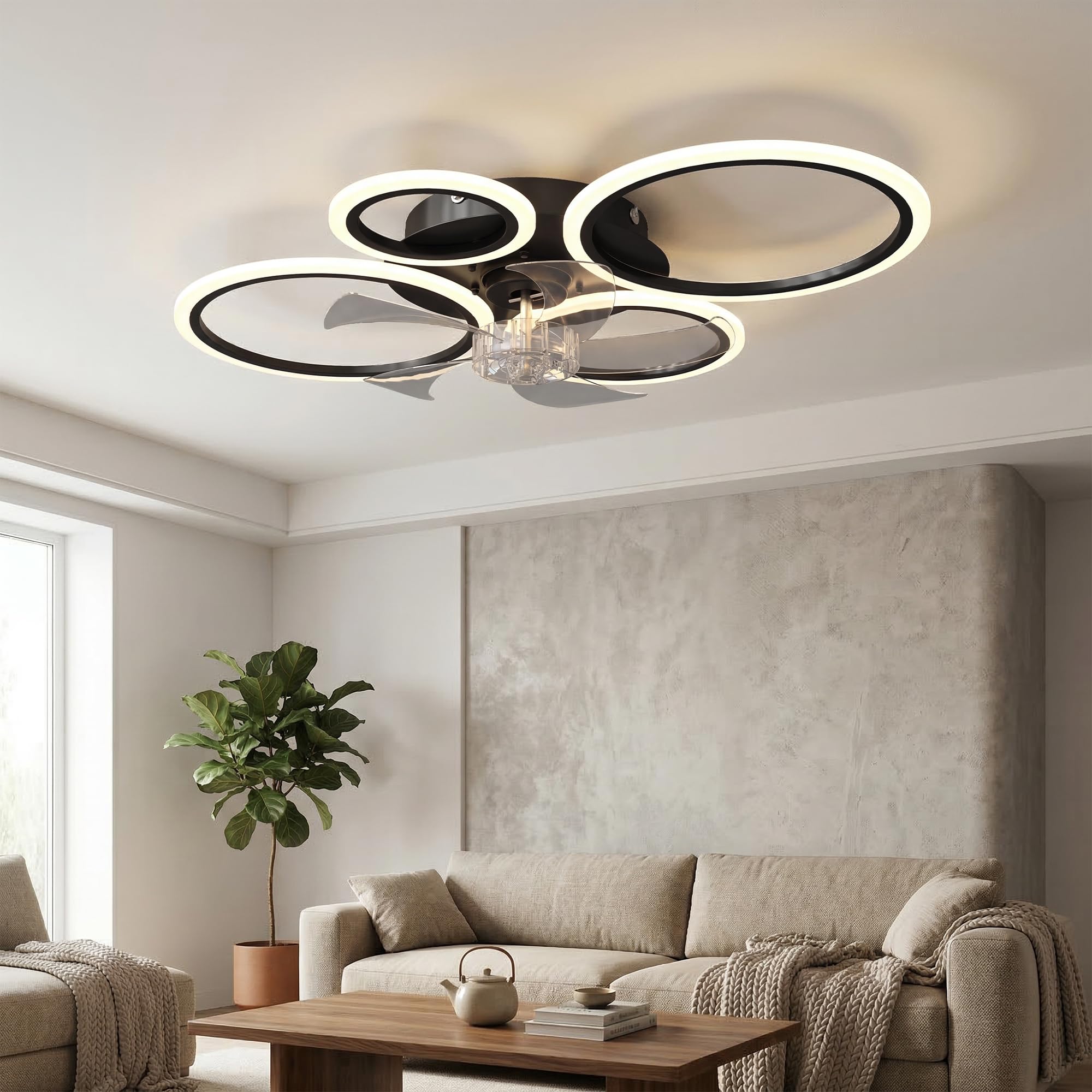 HOMCOM LED Deckenleuchte mit Ventilator 77 cm mit Fernbedienung Schwarz | Leise Deckenventilator mit Beleuchtung, 6 Geschwindigkeiten, 3 Farbtemperaturen, DC Motor, Timer, für Wohnzimmer