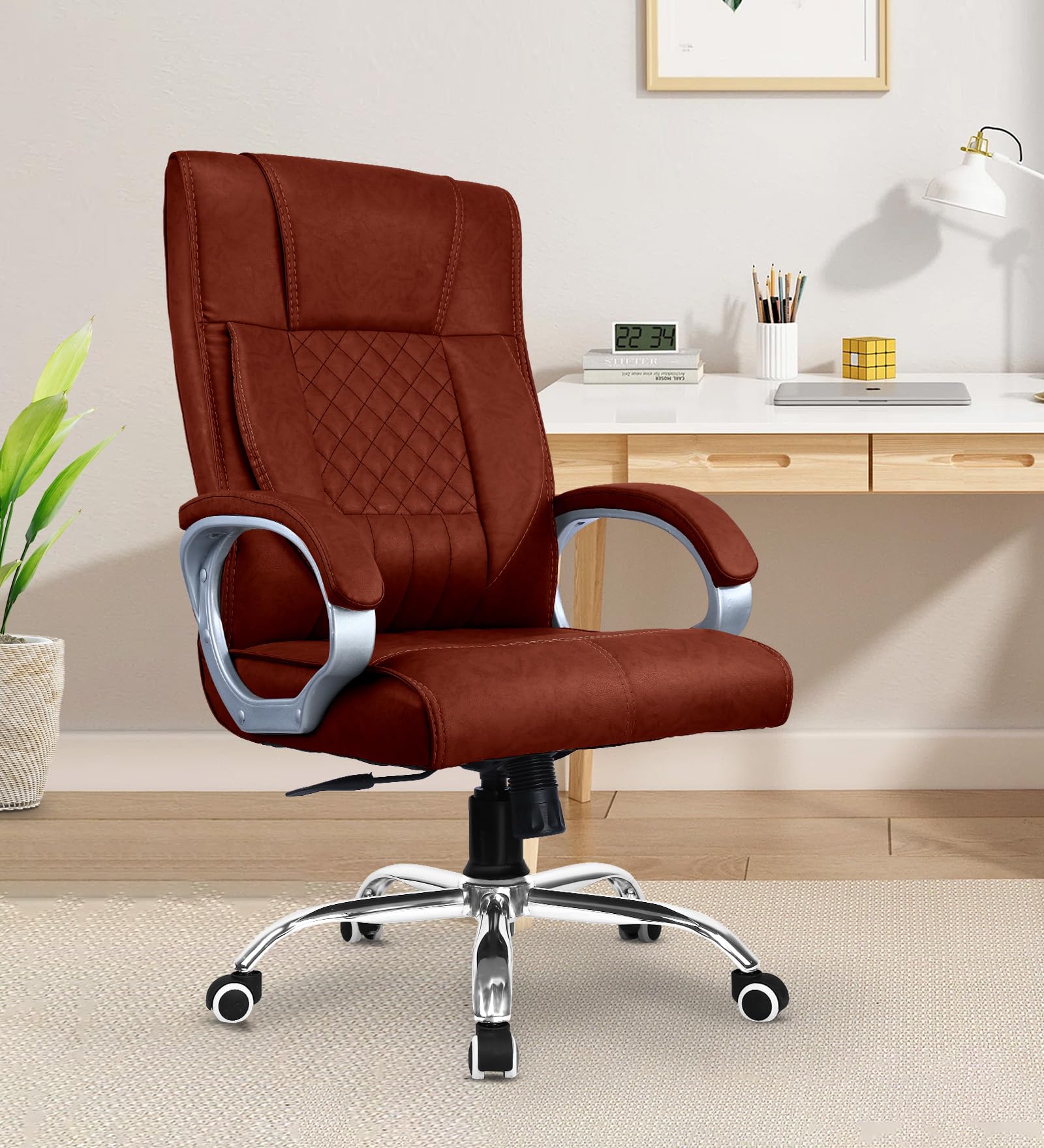 Vergo Swift Leatherette Boss Chair | High Back | Fixed Padded Armrests | Spacious Cushioned Seat | Tilt Lock Recline | Heavy Duty Metal Base | Revolving Ergonomic Executive Office Chair (Brown)