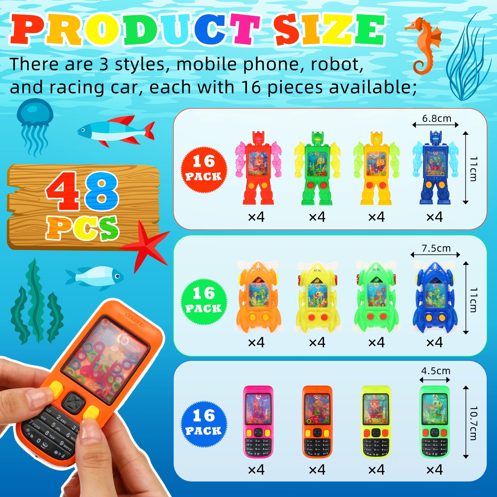 Halloscume 48 Pack Colorful Handheld Water Game Cellphone Water Ring Game Bulk Handheld Game Water Ring Toss for Classroom Gift Prize Birthday Party Favors Box