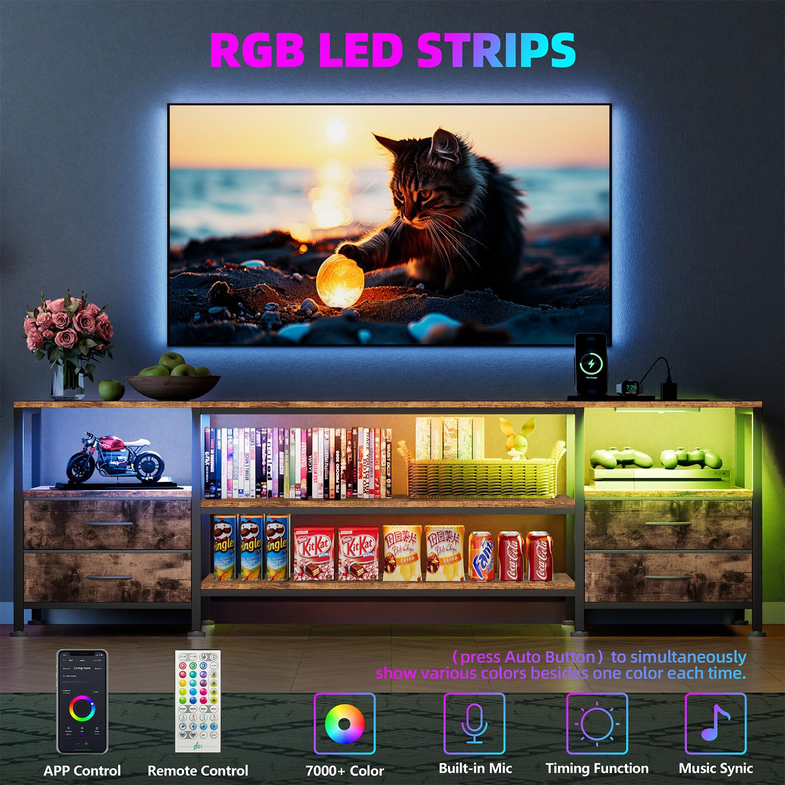 Mobile TV con Luci LED, 2 Porte USB e 4 Prese, Supporto TV fino a 70 Pollici, 4 Cassetti e 4 Scomparti, Struttura in Acciaio, 160x63x40 cm, per Soggiorno e Camera da Letto, Marrone Rustico
