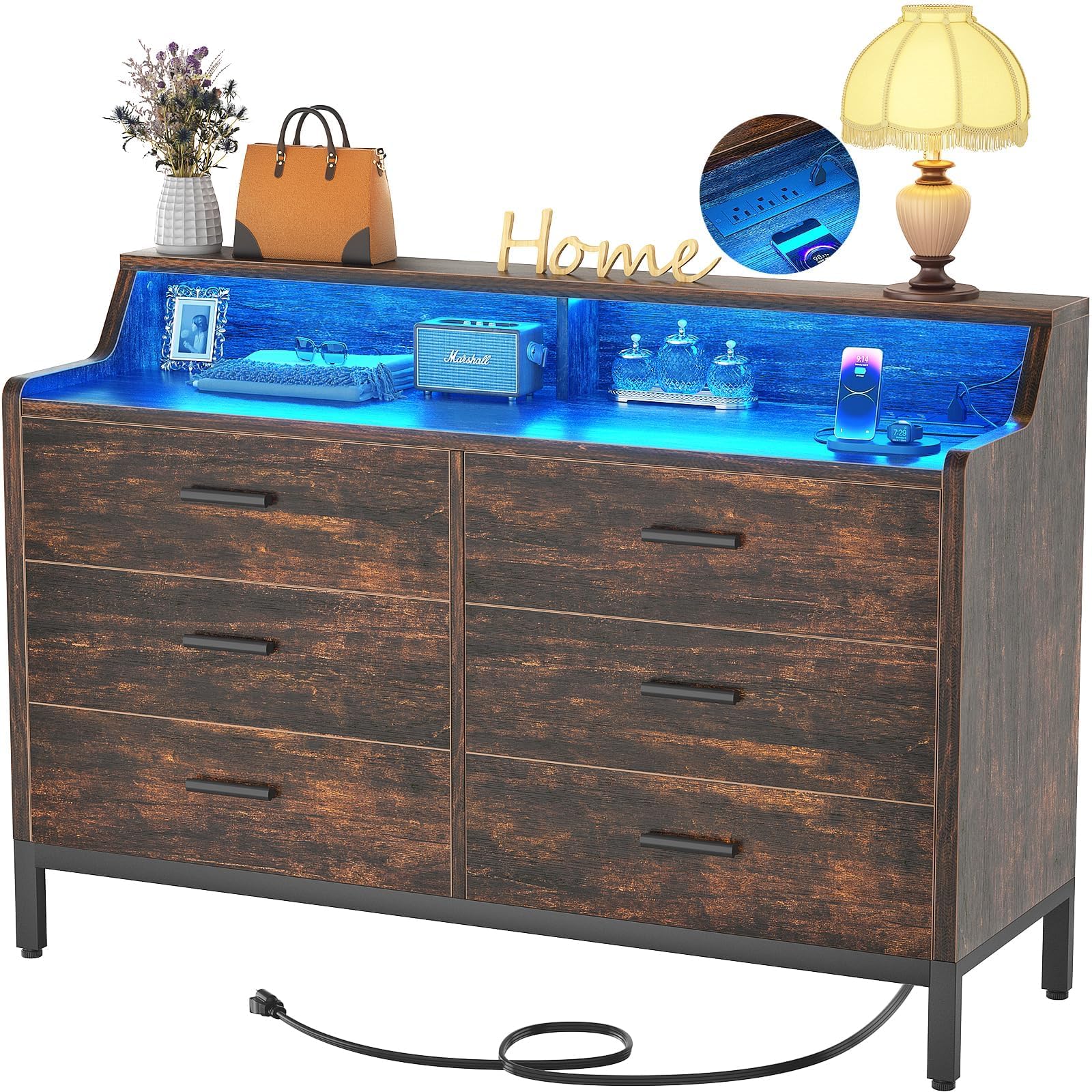 Dresser for Bedroom, 6 Drawer Storage Dresser with Power Outlets and Smart LED Lights, Sturdy Modern Home Bedroom Furniture, Wood Chest of Drawers for Living Room, Closet, Entryway, Grey Oak