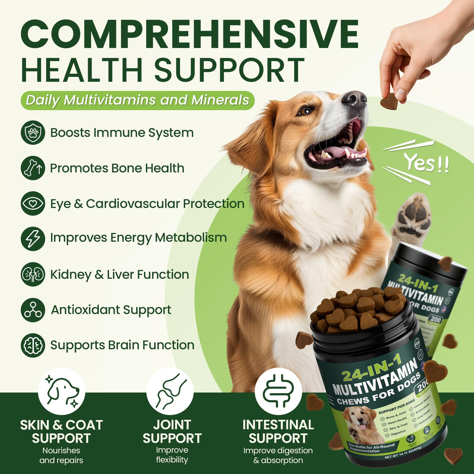 24-in-1 Dog Vitamins and Supplements 200 Ct Multivitamin for Dogs Chewable Contain Glucosamine Chondroitin Probiotics Omega-3 for Skin Coat,Hip & Joint,Heart,Liver,Brain,Eyes - Chicken Flavor - image 2