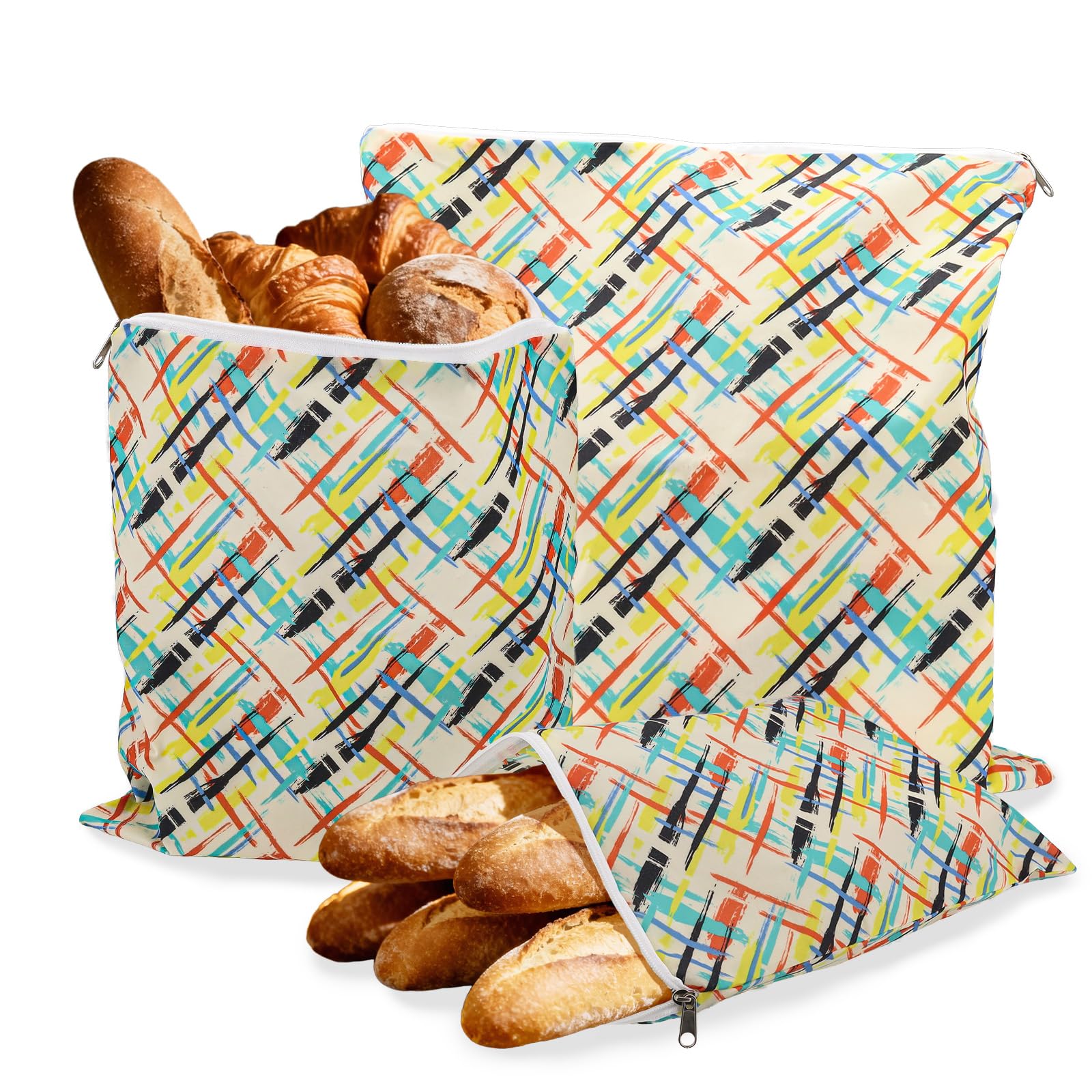 LOURCQVO 3 Pack Beeswax Wrap Bag with Zipper for Bread & Sandwich, 3 Sizes Reusable Beeswax Wraps for Food Homemade Sourdough Cheese Snack Fruit Produce Veggie, Stripe