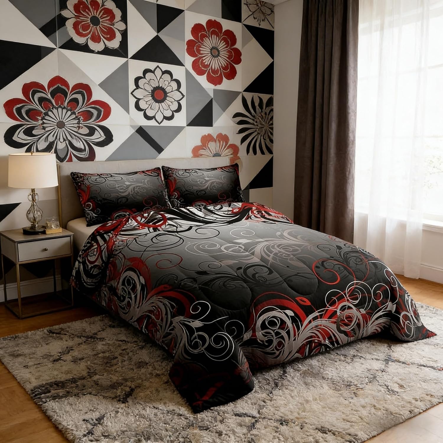 Homewish Gray Floral Swirls Comforter Set Queen Size,Gothic Leaf Bedding Set 3pcs for Kids Teens Adult Room Decor, Abstract Mystic Trippy Quilt Set Black Red Duvet Insert with 2 Pillowcases