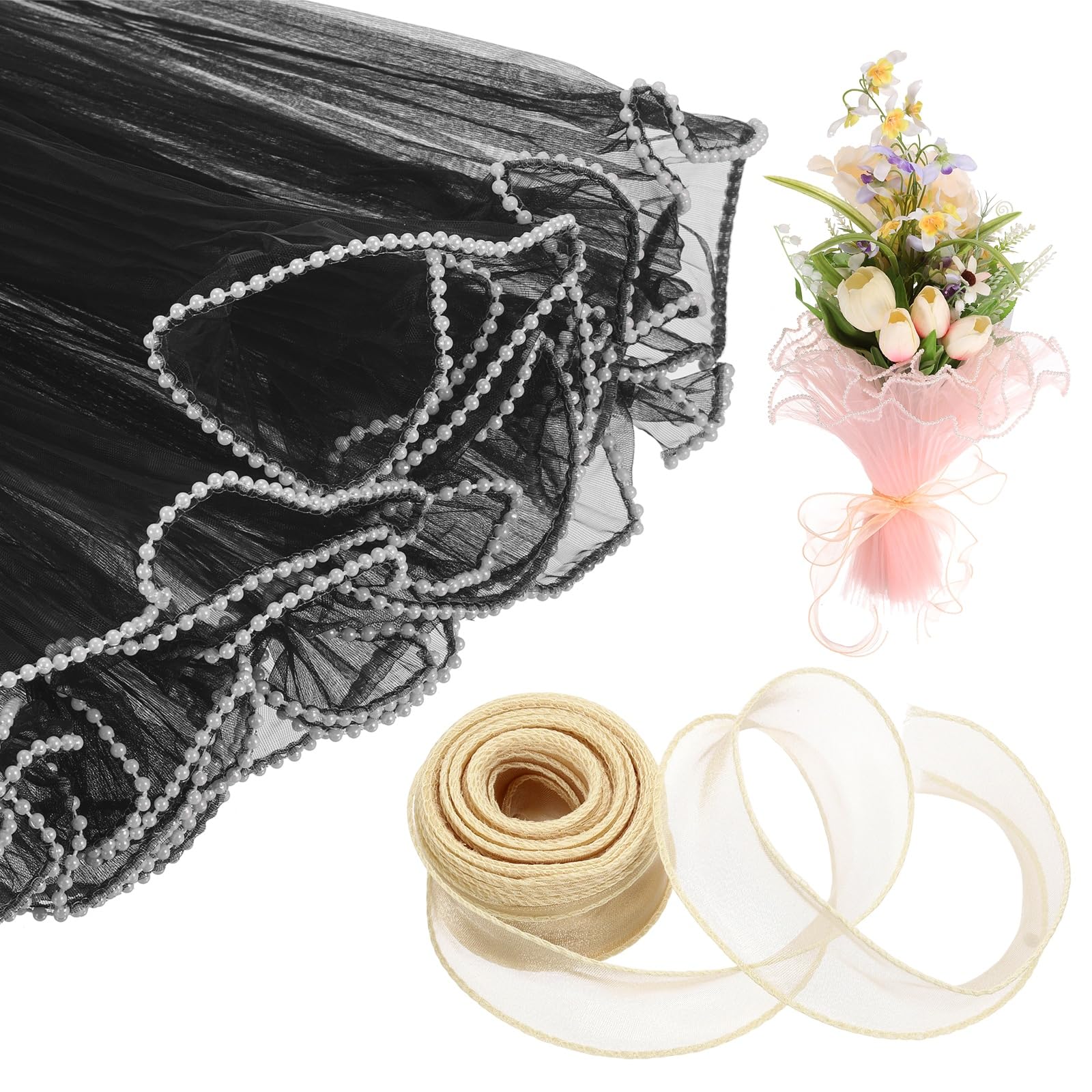 sourcing map 4 Yards Flower Wrapping Mesh Paper Pearl Edge Bouquet Floral Packaging Paper with Organza Ribbon for Valentine's Day Wedding Birthday Florist Supplies, Black/Golden
