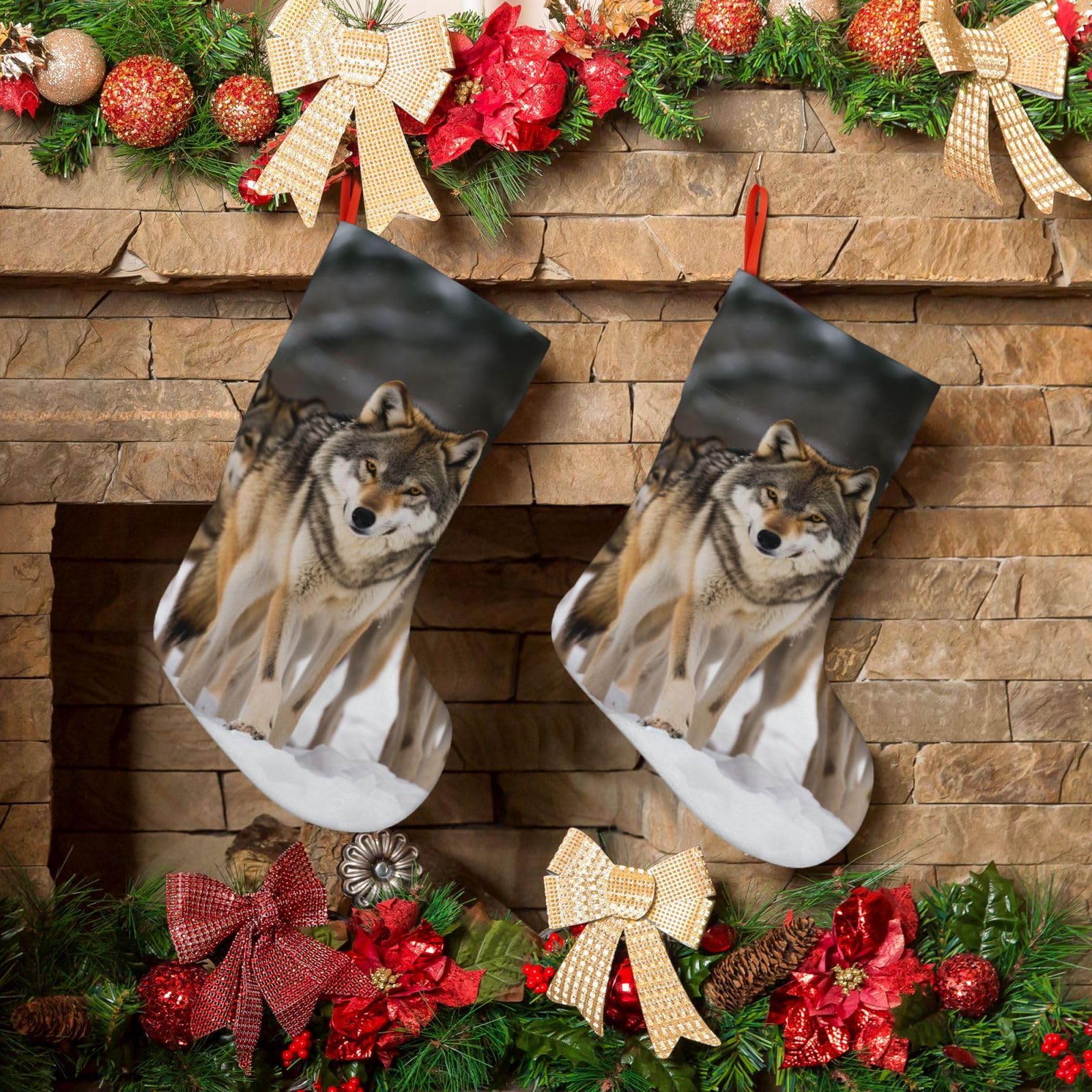 KLOPH Christmas Stockings 18" Personalized Xmas Stocking Pack of Wolves Decoration Stocking Hanging Fireplace Stocking for Holiday Xmas Tree Christmas Fireplace Decor