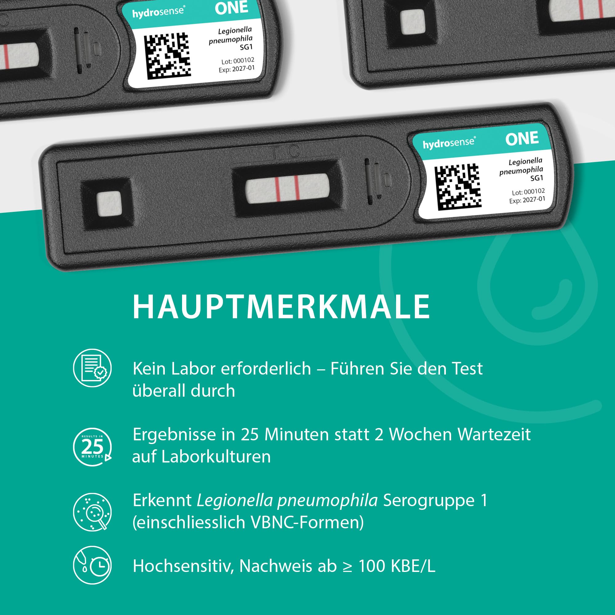 ONE Ultra Legionella Wassertest-Kit - Einzeltest-Test-Kit | Legionellen-Testset für Legionella pneumophila sg1 | 100 KBE/L Empfindlichkeit | Wassertemperatur-Thermometer, digitale Sonde