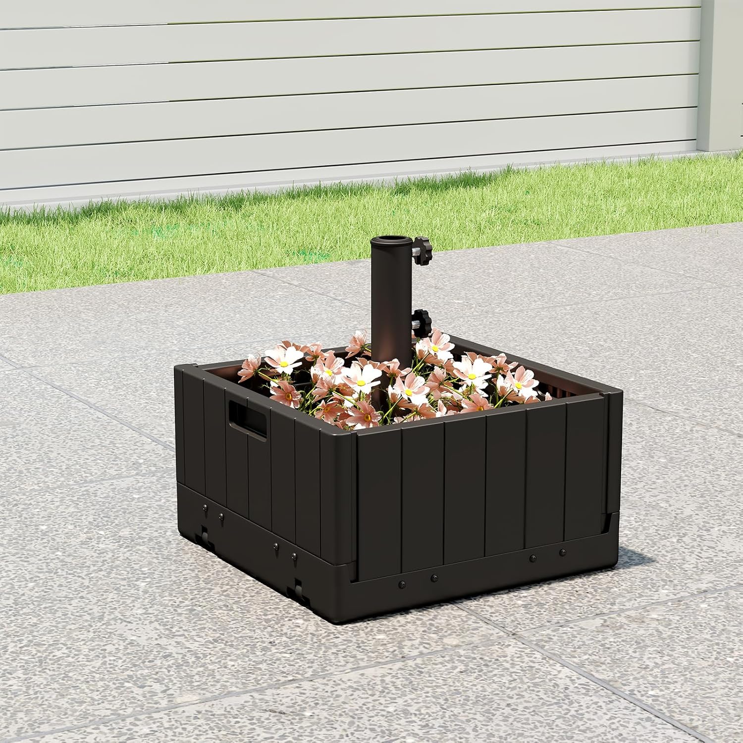 Helios&Hestia 3-in-1 Plastic Patio Umbrella Base Stand Weight with Wheels 176lbs with Sand Filled, Can be Used as Outdoor Coffee End Table, Flower Planter Box, Fits 7 to 11ft Market Umbrellas, Black