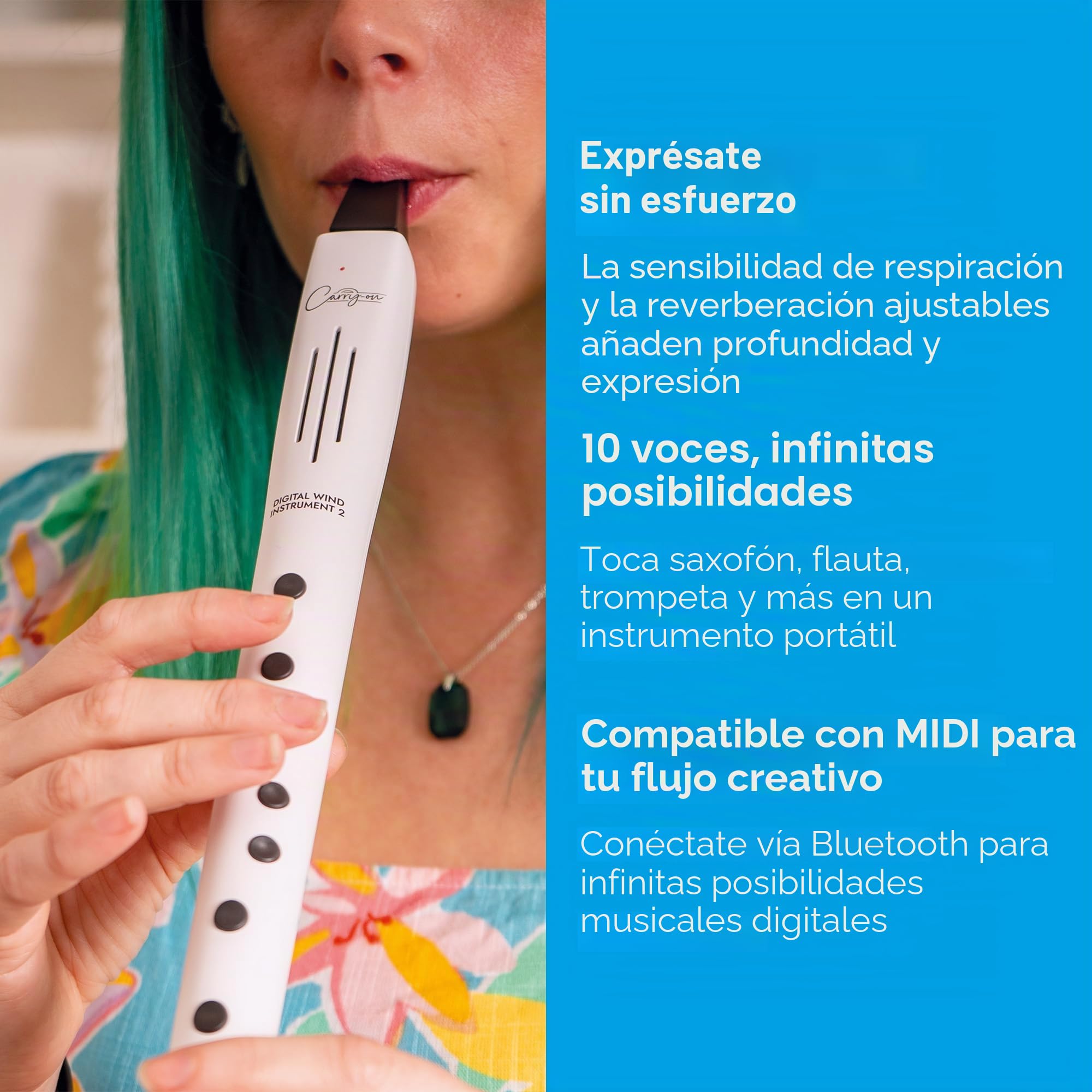 Carry-on Instrumento de viento digital de 2 a 10 voces, batería recargable USB integrada, salida de auriculares para práctica silenciosa, grabadora digital midi a través de Bluetooth, color blanco