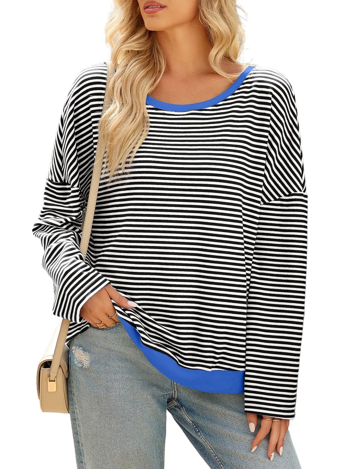 Sidefeel Womens Color Block Tops Casual Long Sleeve Shirts Oversized Crewneck Striped Pullover Shirts