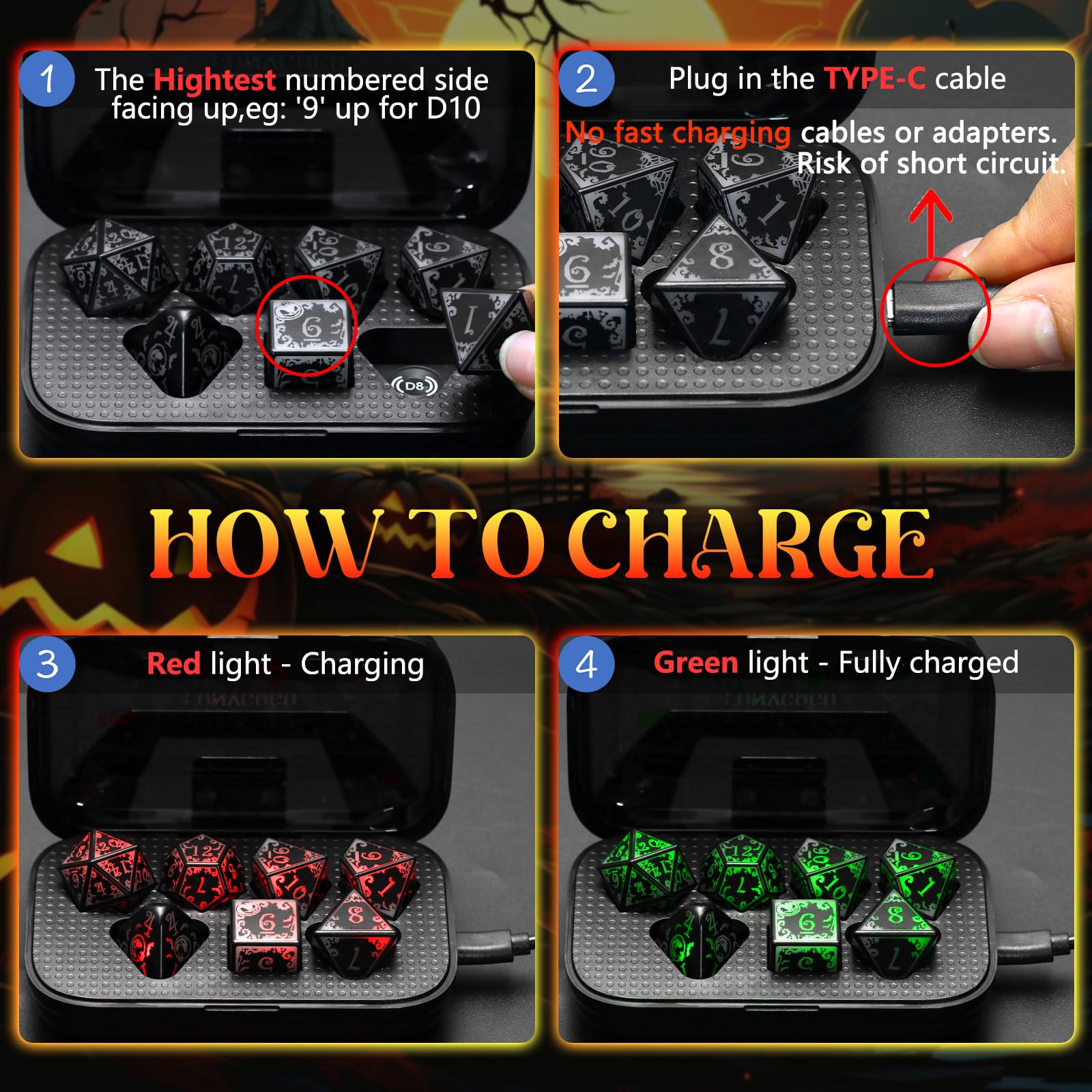 FONVGOGO Juego de dados DND con luz LED, recargables, poliédricos, con estuche de carga para juegos de mesa de Dungeons and Dragons (Pumpkin Orange)