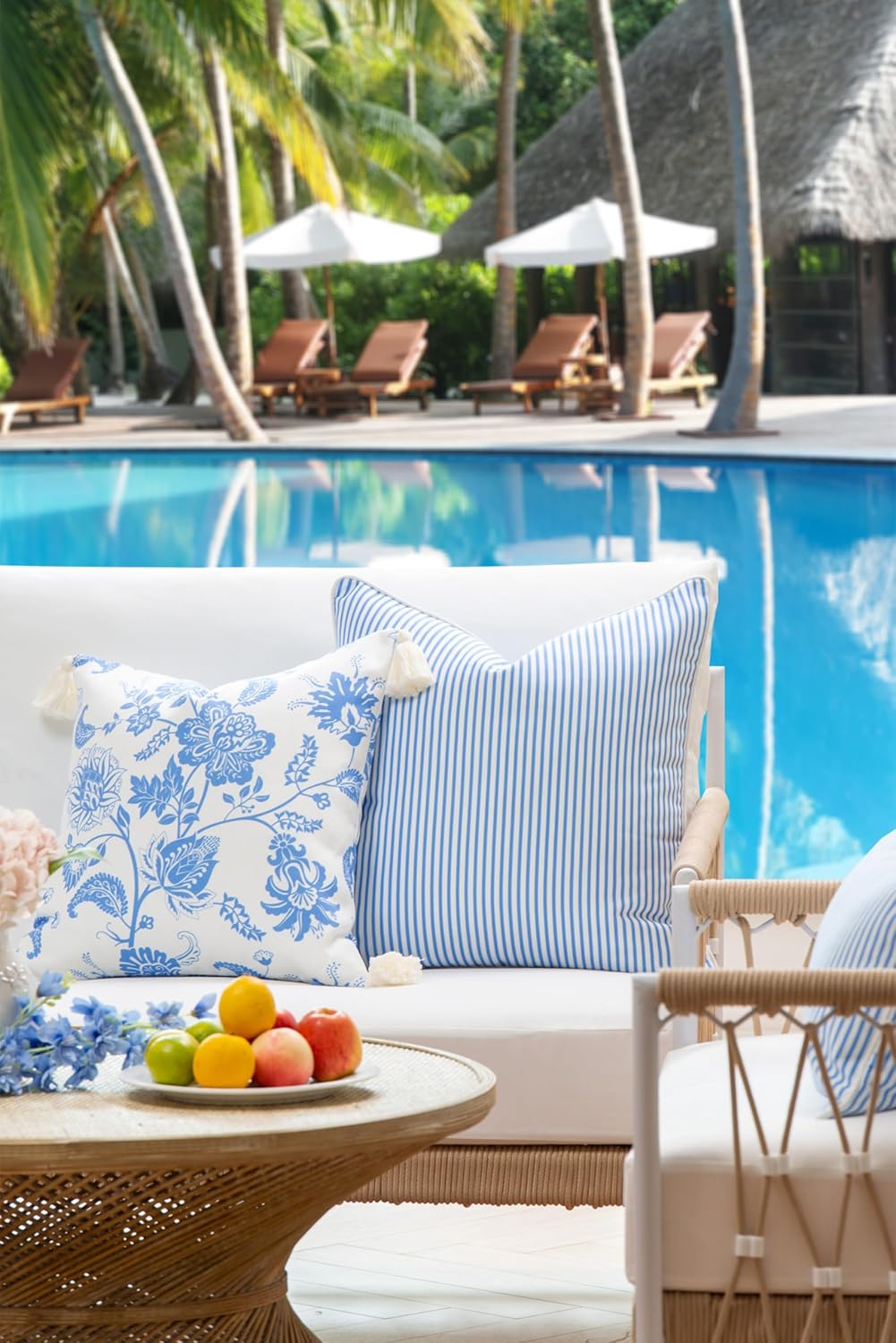 Hofdeco Premium Coastal Patio Indoor Outdoor Pillow Cover Only, 20"x20" Water Repellent for Backyard, Couch, Cornflower Blue Stripe