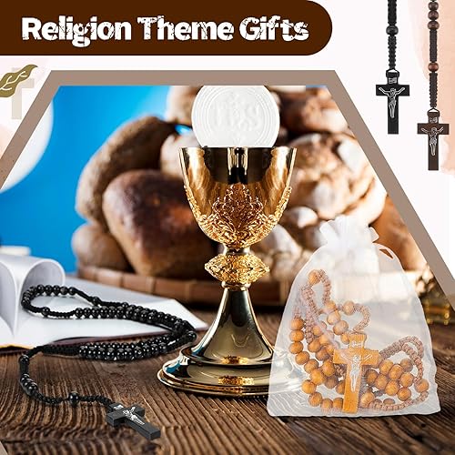 Miniatura 4 de Tenceur 48 cuentas de rosario de madera, rosario católico con cruz de Jesús, primera comunión, rosario tallado en madera a granel con bolsas de