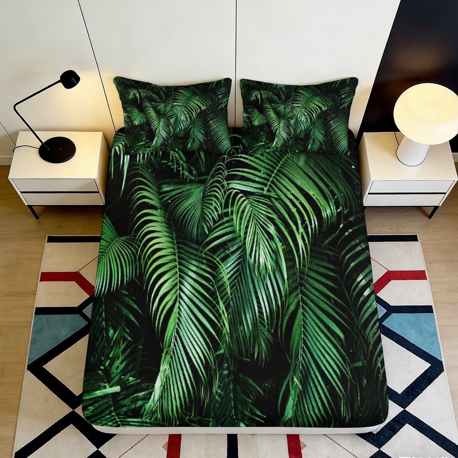 3D Printed Tropical Palm Leaf Fitted Sheet Microfiber Soft Green Jungle Mattress Cover Bedroom Decor Anti-Slip Washable All Ages 160x200x25cm
