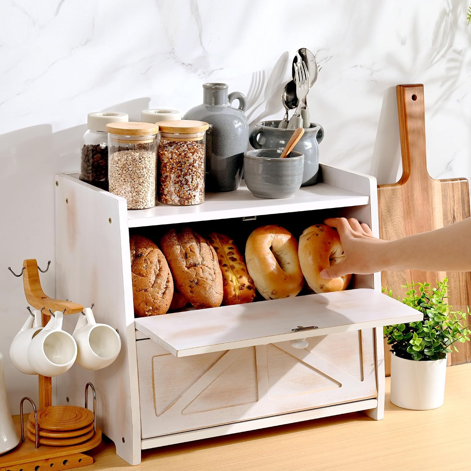 Vintage Double Layer Bread Box for Kitchen Countertop, Bamboo Bread Storage Container, Breadbox for Homemade Bread, Large Capacity Bread Bin(White)
