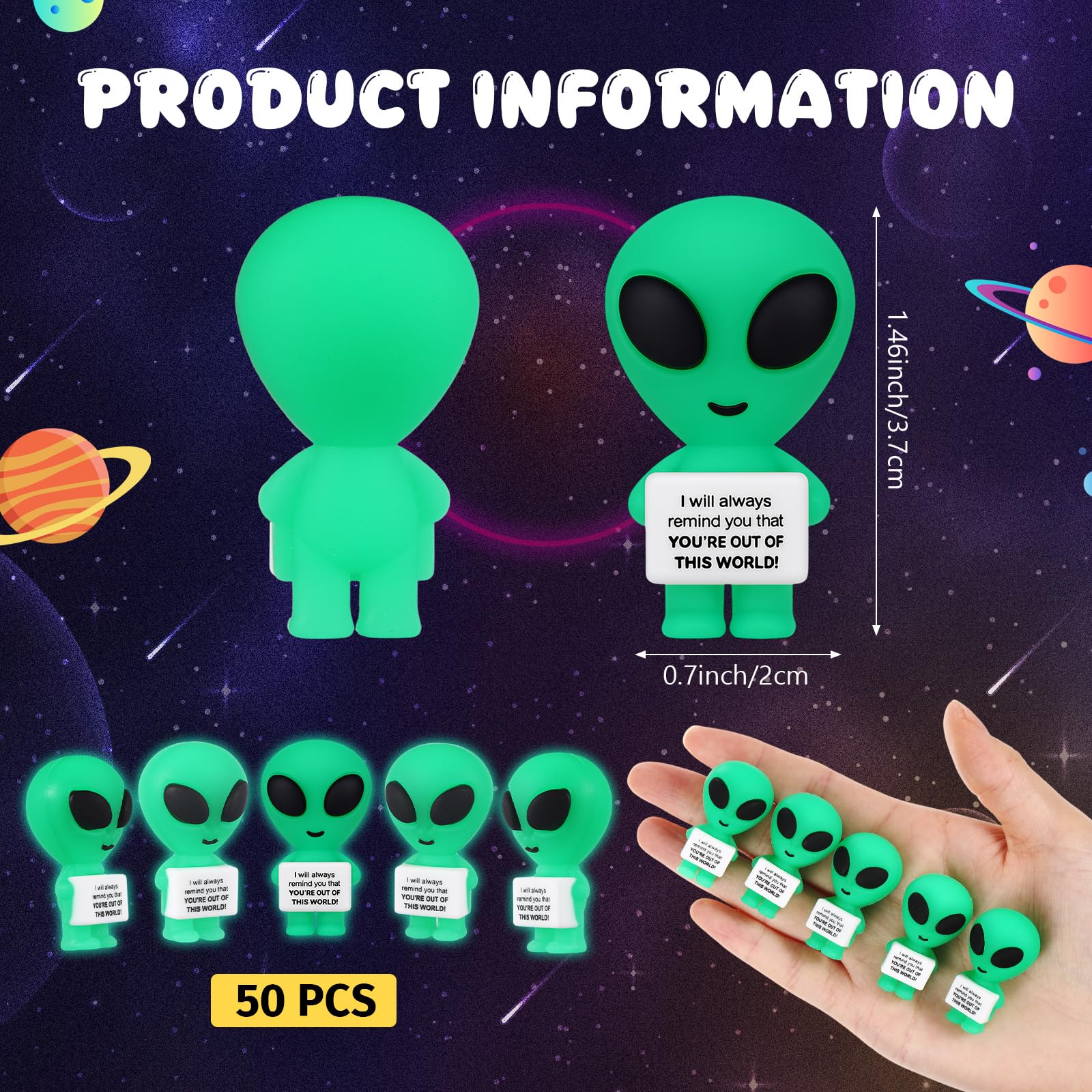 Gejoy 50 Pcs Mini Alien Figures Grow in the Dark Positive Gift Motivational Message Decorations Inspirational Rubber Figurines to Hide and Seek for Alien Space Party Favors Desk Decor