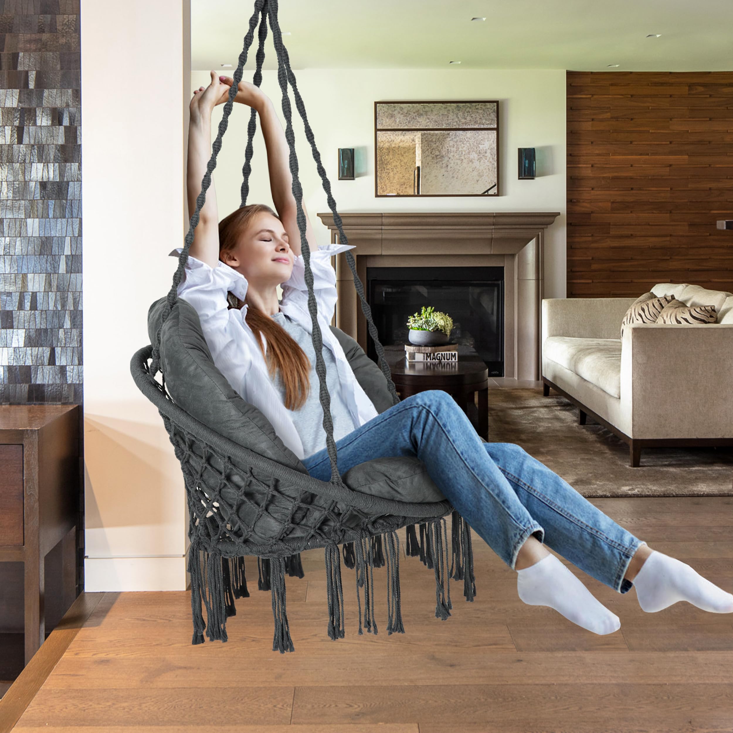 Bathonly Poltrona Sospesa, Portata 150 Kg, in Cotone con Cuscino, Sedia a dondolo in Macramè, Fatta a Mano con Kit di Accessori per Appendere, BohéMien, Giardino, Interni & Esterni, Grigio Scuro