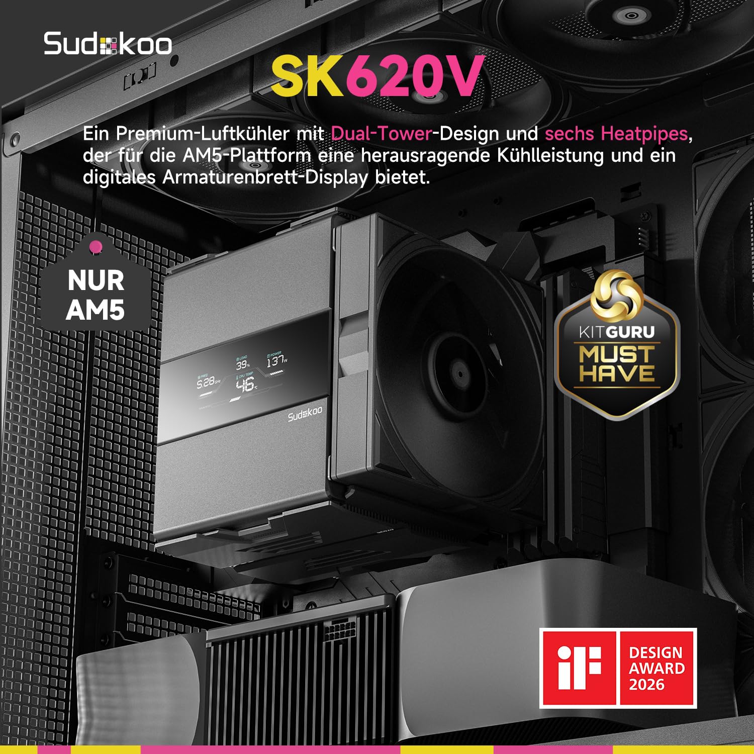 Sudokoo SK620V CPU Kühler AM5: CPU Cooler mit Digital Display, AM5 Exklusiv, Prozessorlüfter mit 2 x 120mm PWM FDB PC Lüfter, 6 Heatpipes, Dual Tower, Werkzeuglose Lüftermontage, Einfache Montage