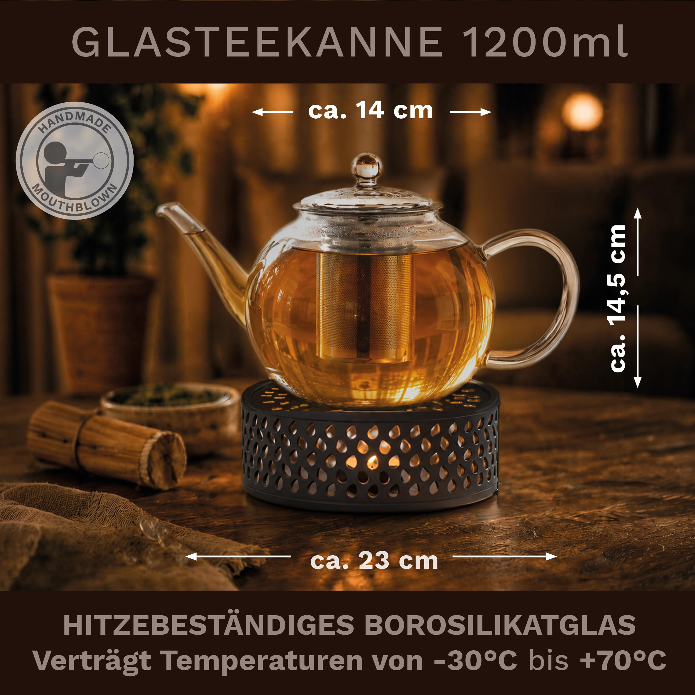 Creano Teekanne Glas 1,2 l mit Stövchen und Edelstahl-Filter für losen Tee