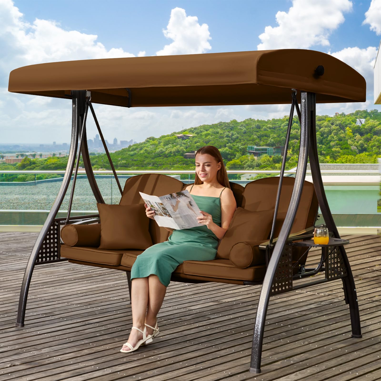 3 in 1 Outdoor Porch Swing with Adjustable Canopy, 3 Seat Outdoor Swing for Adults, Patio Swing Chair with Thickened Cushions,Pillows &amp; Cup Holders for Backyard, Porch, Garden (Brown)
