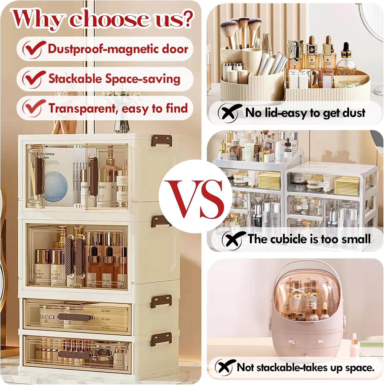 A stackable desktop organizer with drawers and compartments, ideal for storing cosmetics, beauty tools, jewelry, and school supplies in a student dorm. Features a convenient magnetic door handle.