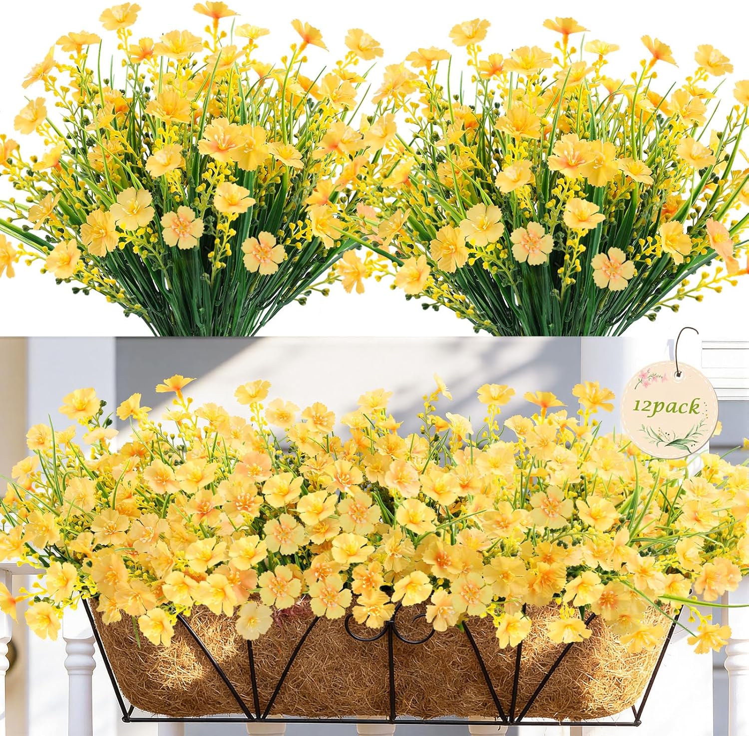 MACTING Artificial Flowers for Outdoors 12 Bundles Fake Flowers UV Resistant No Fade Faux Outdoor Plants for Indoor Outside Planters Patio Garden Porch Yard Window Home Spring Decorations,Yellow