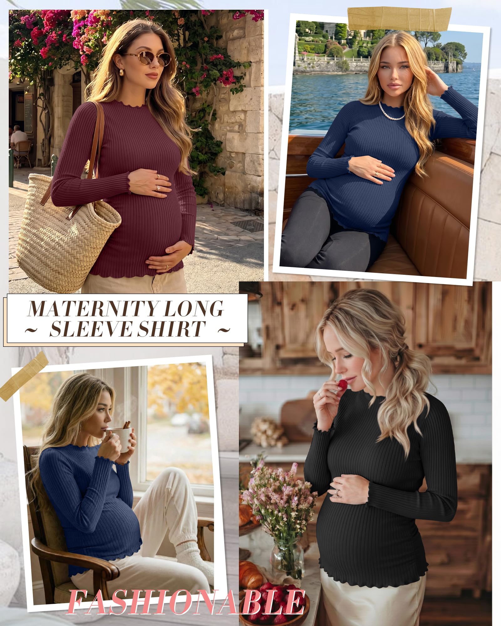 Geyoga 3er-Pack Umstandsshirts für Damen, gerippte Stricktops, langärmelig, Stehkragen, Basic-Tunika, Herbstkleidung