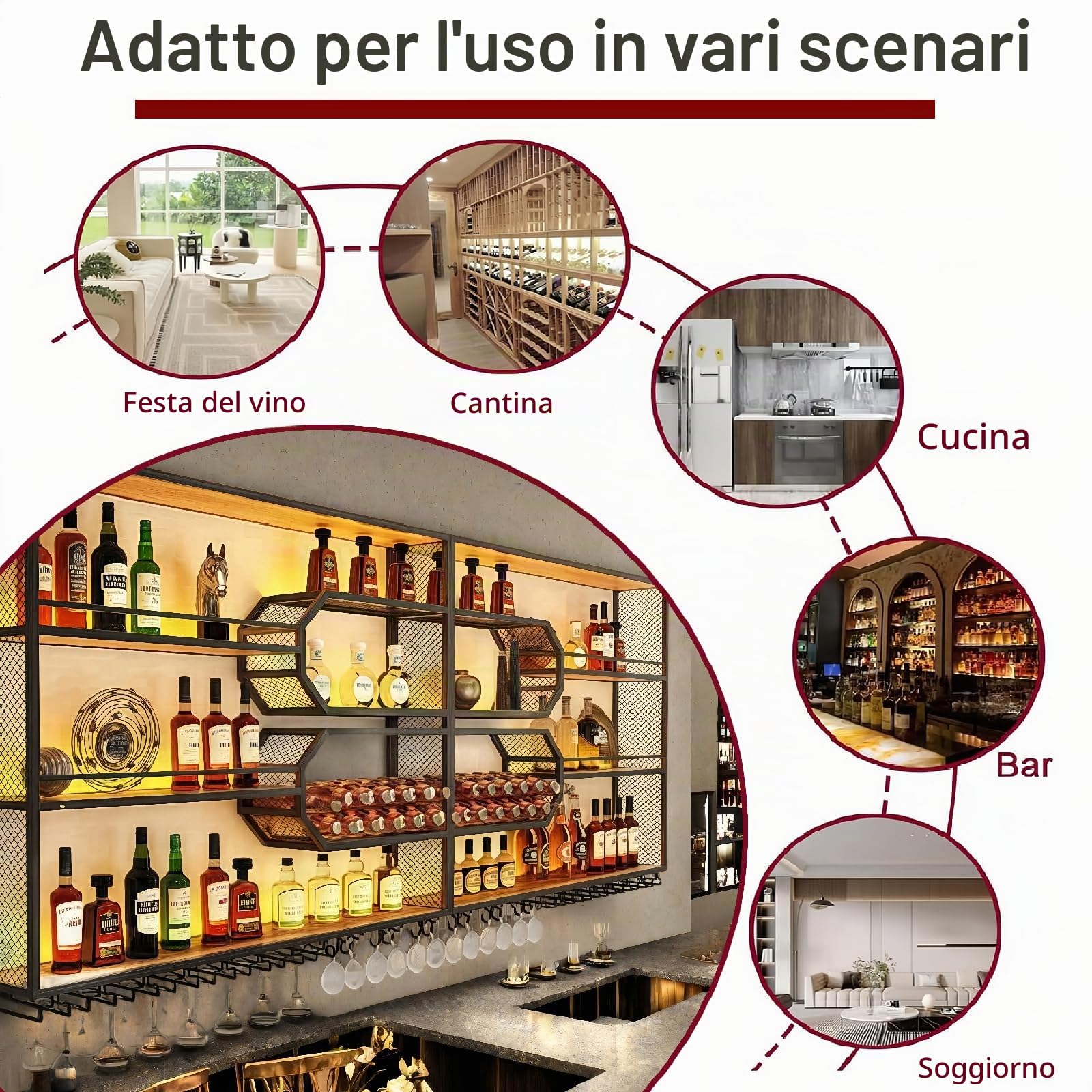 301cm Portabottiglie Da Parete con portabicchieri a LED, 4 ripiani Espositore Creativo Per Vino Da Parete, Metallo Porta Vino Portabottiglie da parete per bar, ristoranti e casa (301*125*25cm)