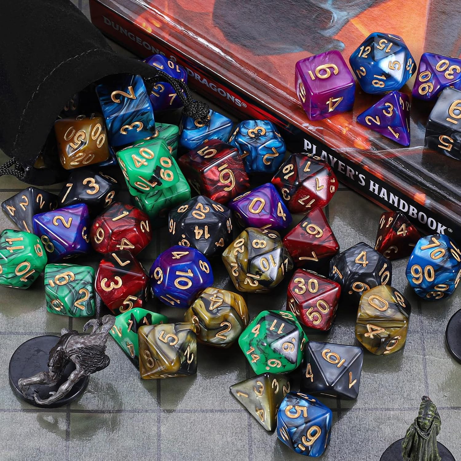DND Dice, Polyhedral Dice Set with 6 Black Drawstring Pouchs, 6 Complete Dice Sets of D4 D6 D8 D10 D% D12 D20 Compatible with Dungeons and Dragons DND RPG MTG Table Games (42pcs DND Dice)