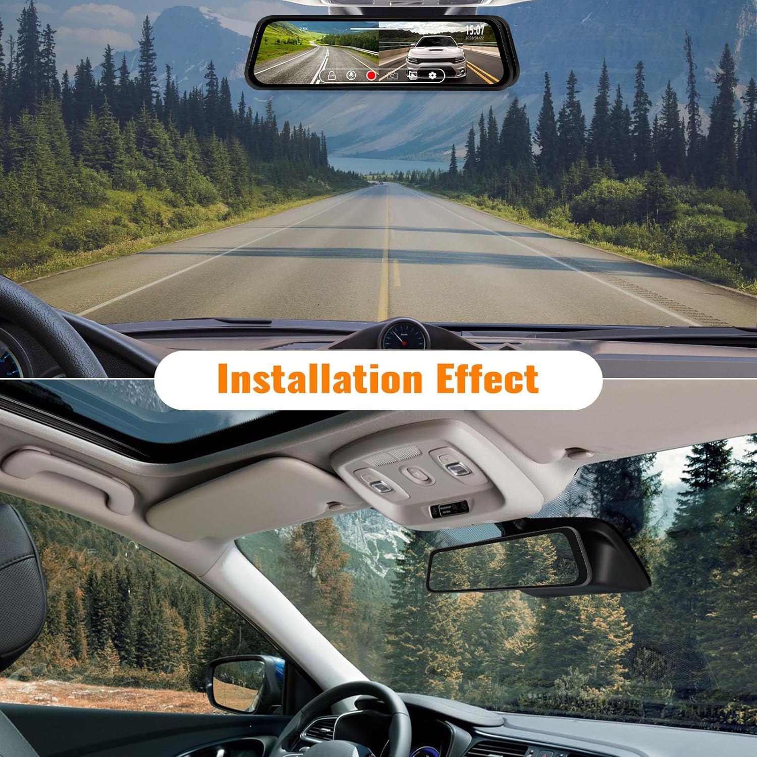 CAMECHO Cámara de visión Trasera Delantera con Espejo de 9,66 Pulgadas y 2,5 K con Tarjeta de 64 GB, cámara de Respaldo con Espejo retrovisor con Pantalla táctil Full HD de 1080P con visión Nocturna