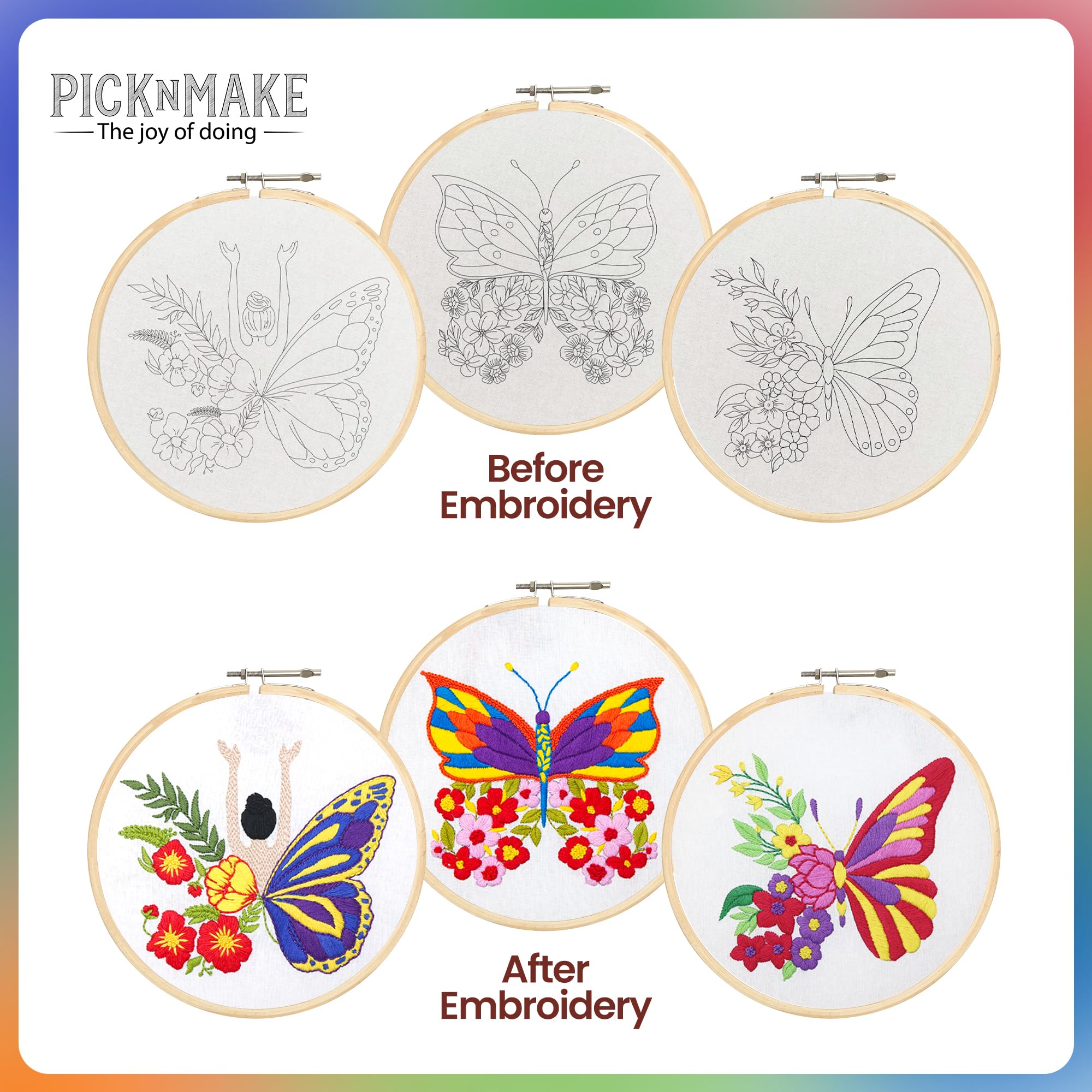 picknMAKE Cross Stitch Embroidery Kit Combo Pack for Beginners & Adults - Includes 3 Unique Designs, Hoop, Printed Fabric, Threads, Needles, Cutter, and Instructions -Craft Hobby, Multicolor 2