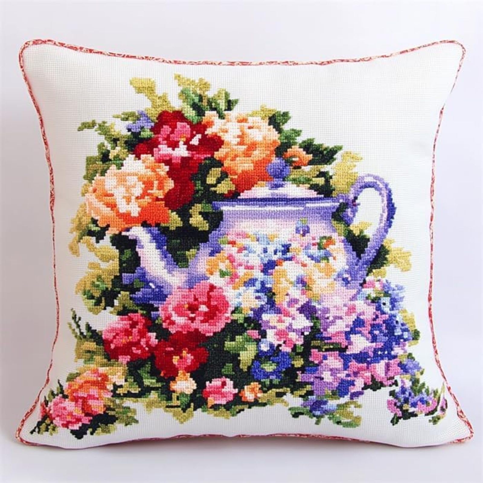 ANSIWEIGO Latch Hook Cushion Kit DIY Latch Hook Kit,Flowers in A Teapot,DIY Latch Hook Yarn Pillow Rug Pattern Arts and Crafts Crochet Needlework,43x43cm/17x17inch