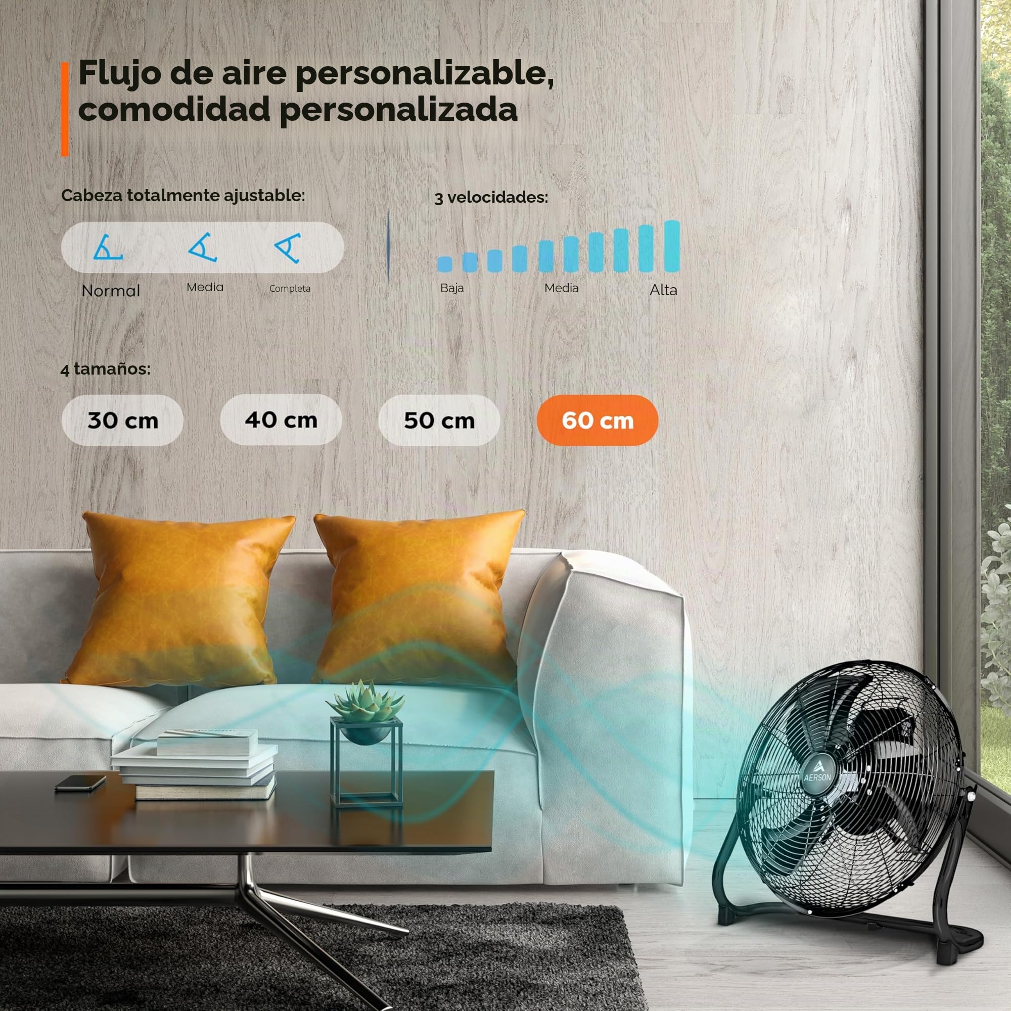 TRESKO AERSON Ventilador de suelo 60 cm | Ventilador de pie 200 W | con 3 niveles de potencia | Alto flujo de aire | Construcción robusta de metal | Inclinable a 110 grados