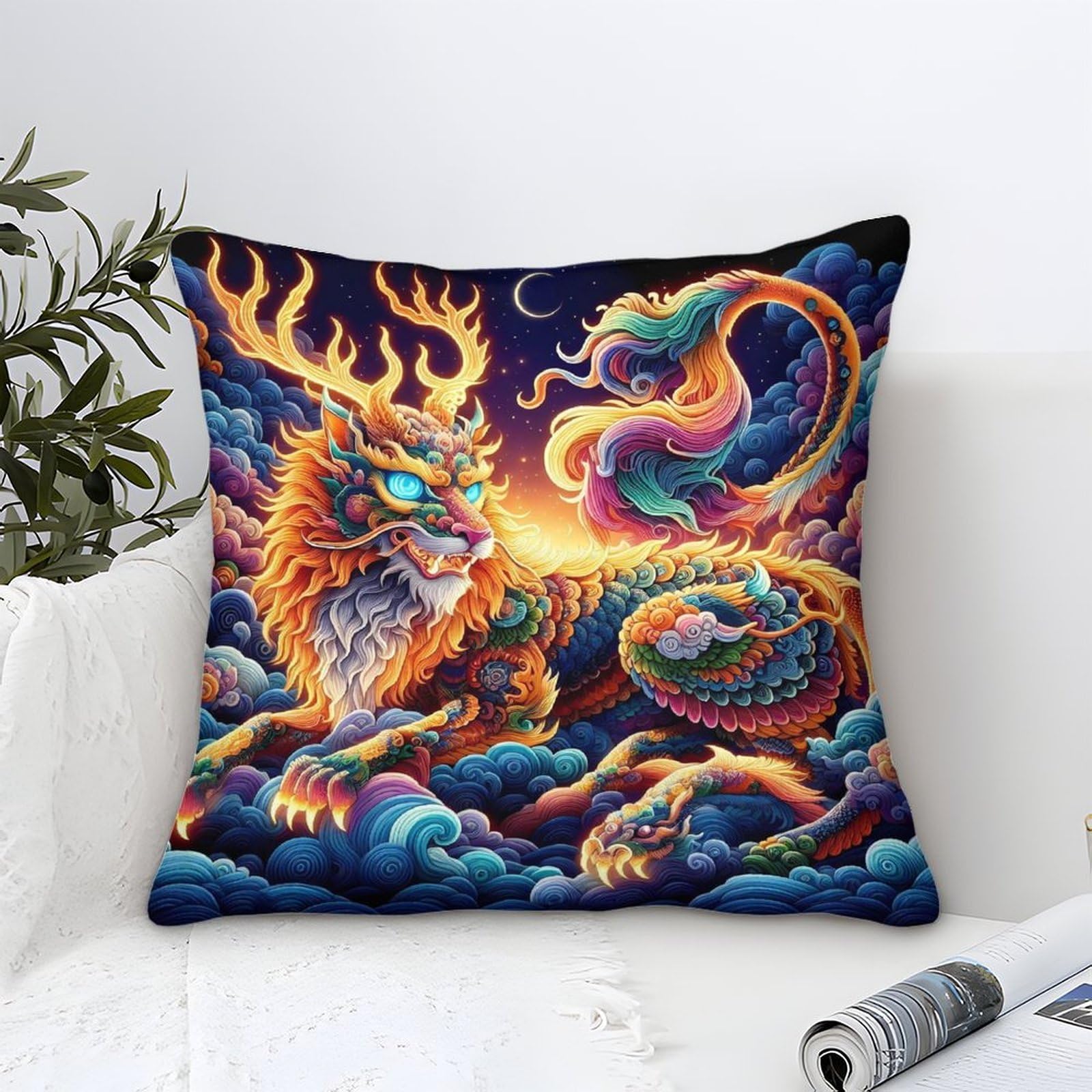 Yyvkpmlxc Style-10 Pillow Cases Qilin Modern Art Decorative,Colorful Oriental Aesthetics Pattern Square Cushion Cases Soft Polyester Throw Pillow Cover Home For Livingroom Outdoor Garden Sofa Decor 45X45cm