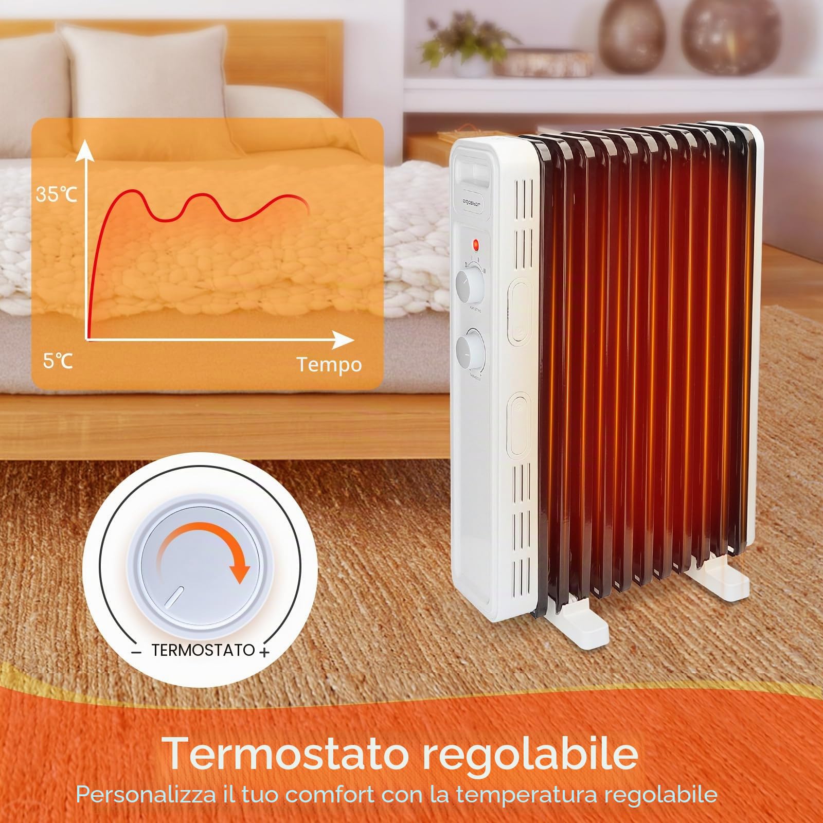 AIGOSTAR LUKE- radiatore ad olio elettrico, 11 Elementi, 2300 W. Termostato Regolabile, 3 Impostazioni di Calore, Risparmio Energetico, Protezione da Surriscaldamento e Antiribaltamento, 20mq