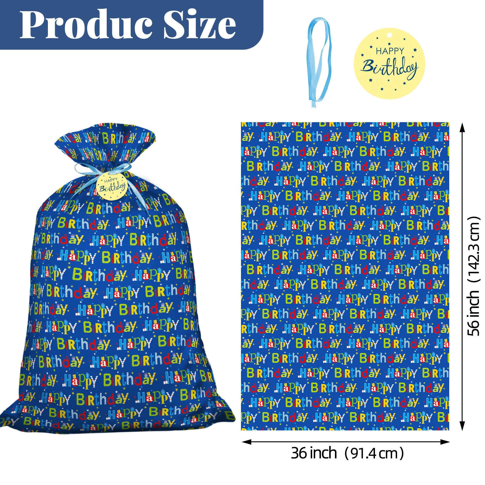 Laidans 56" Extra Large Blue Plastic Gift Bag, Jumbo Happy Birthday Gift Bag with Tag and Tie for Boy Kids Birthdays Parties or Holiday