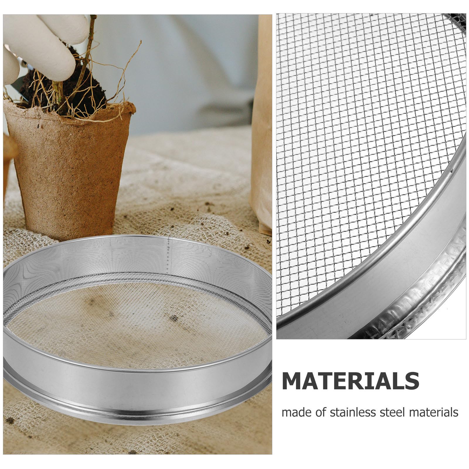 Tamis de Jardin en Acier Inoxydable 30cm, Filtre à Terreau Rond Maille 4mm 6 Trous, Passerelle Gravier Compost Sable Outil Tamisage pour Terre Cailloux Semis Plante
