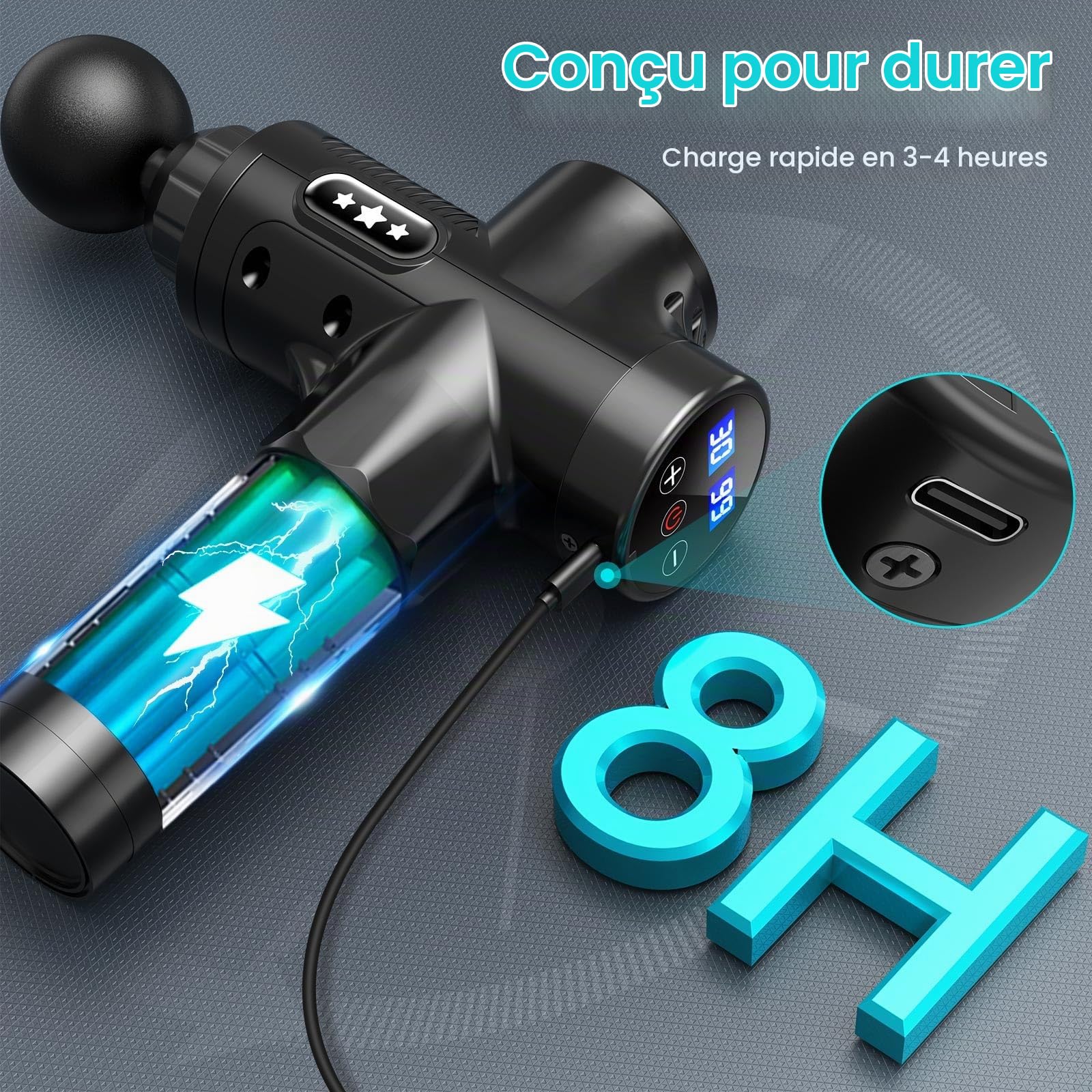 Pistolet de Massage Musculaire, ANSGEC 30 Vitesses et 10 Têtes de Massage, Massage Gun de Muscle Profonds avec l'Écran LCD, Utilisé Pour Soulager la Fatigue Musculaires