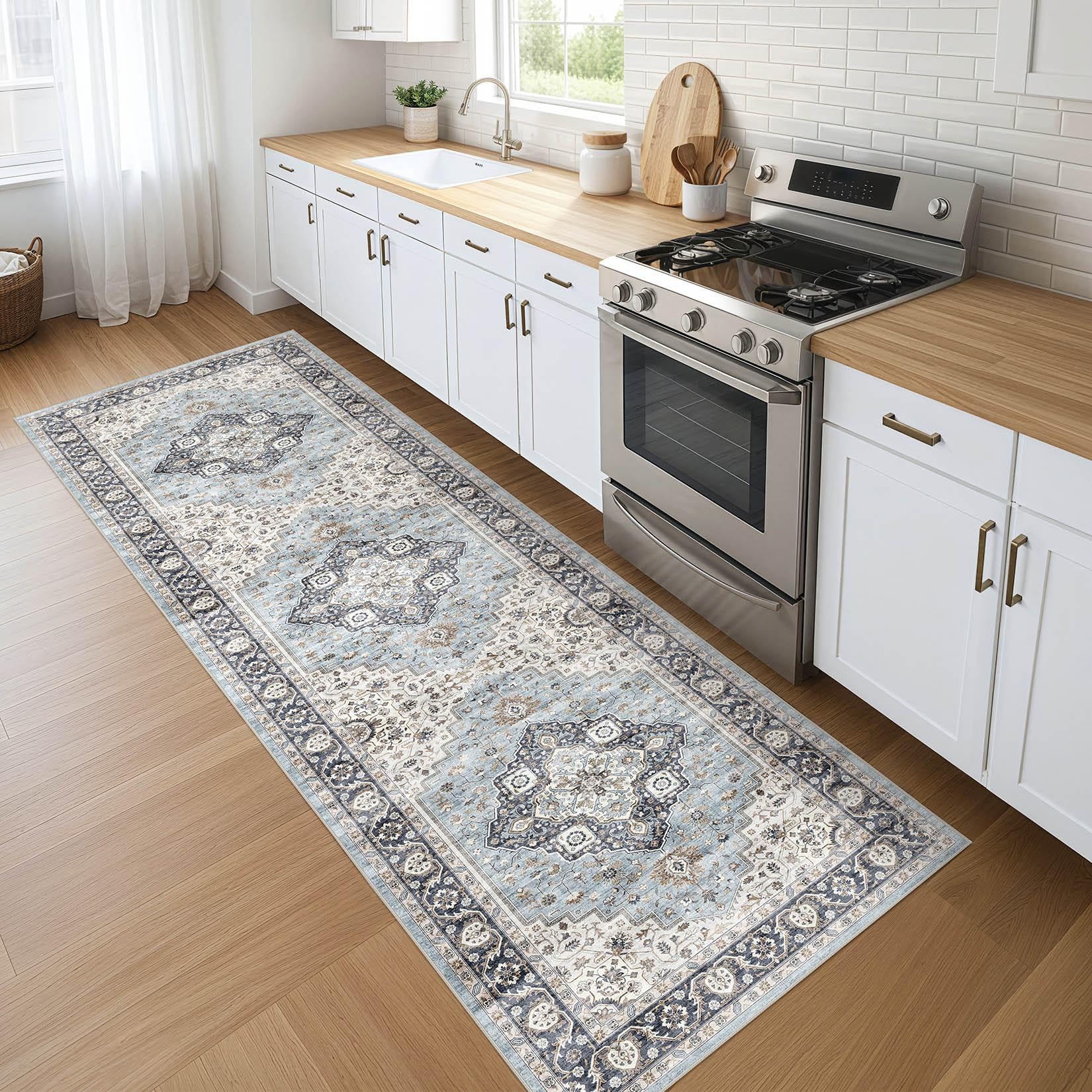 LOONGRUG Runner Rug 3x10 Washable Non Slip Vintage Boho Rug Blue Tan